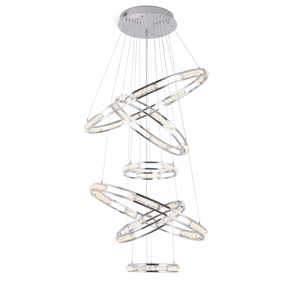 A dramatic low-angle view of the cascading crystal rings of the Vermacelli staircase chandelier creating a luxurious modern ambience.