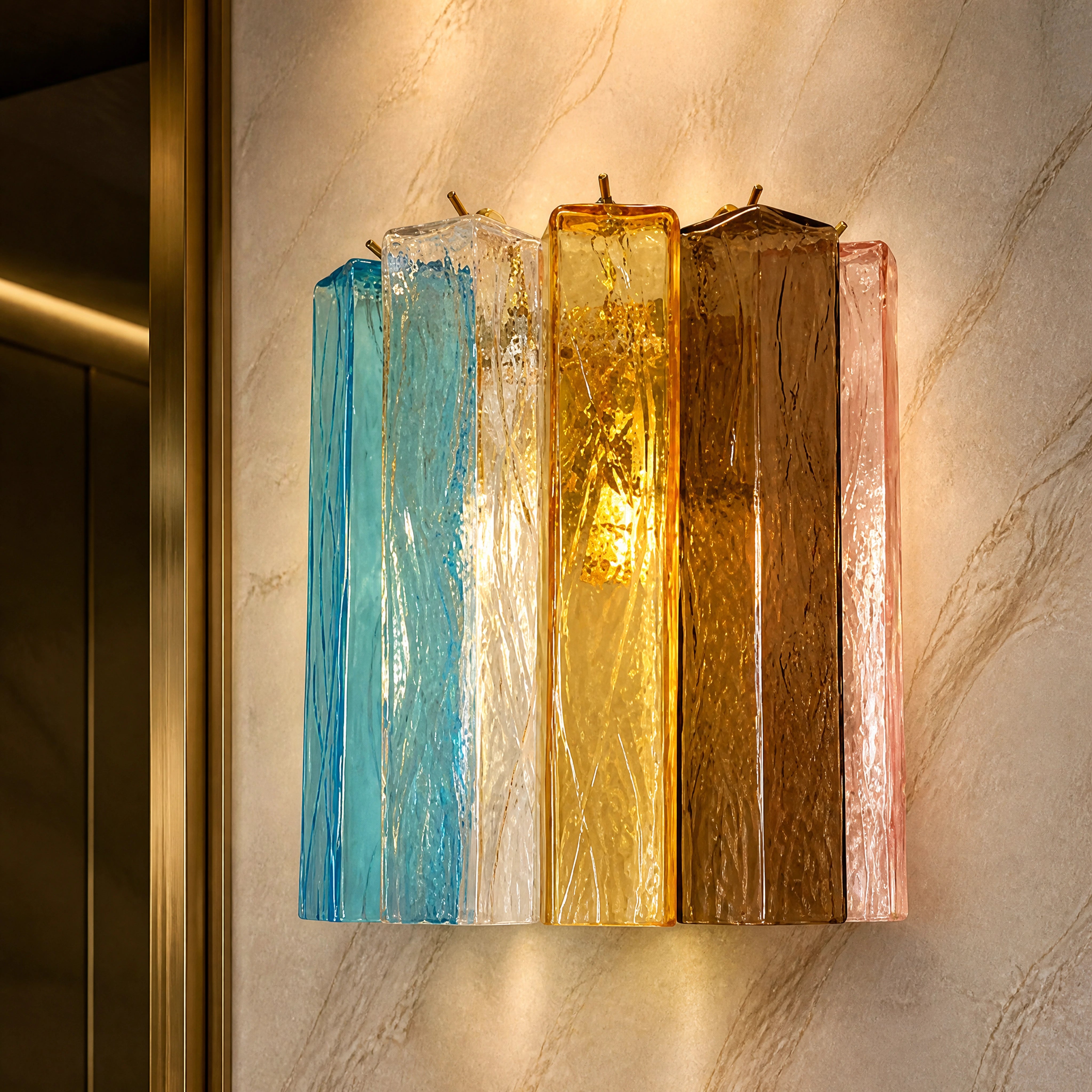 Verona Squares Murano Glass Wall Light close-up luxury lifestyle hero image by VORELLI