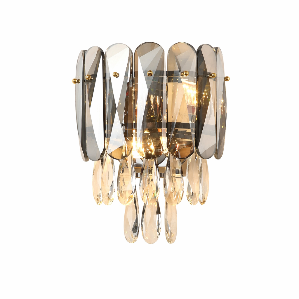 Close-up of the Versailles Wall Light by VORELLI®, highlighting the detailed diamond-cut oblong crystals and luxurious ambiance.