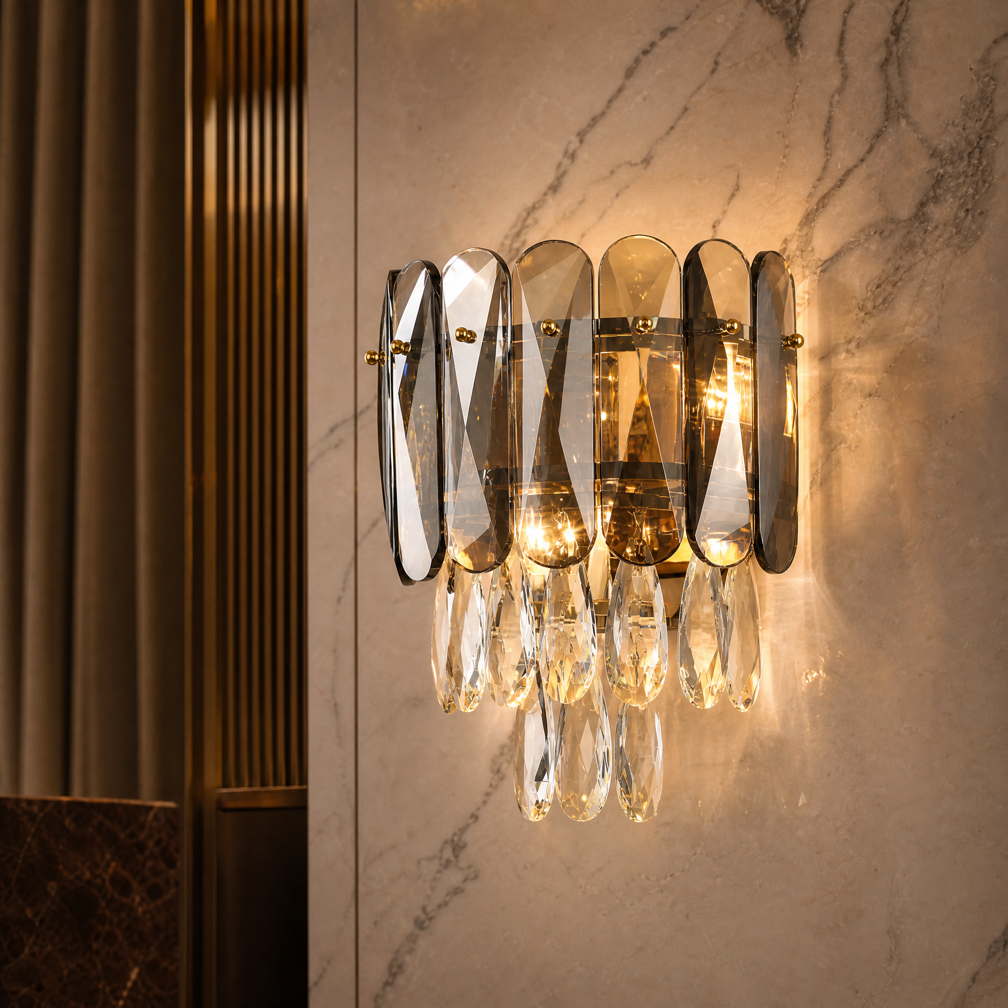 Macro close-up shot of the VORELLI® Versailles Wall Light, showcasing the exquisite diamond-cut oblong and teardrop crystals.
