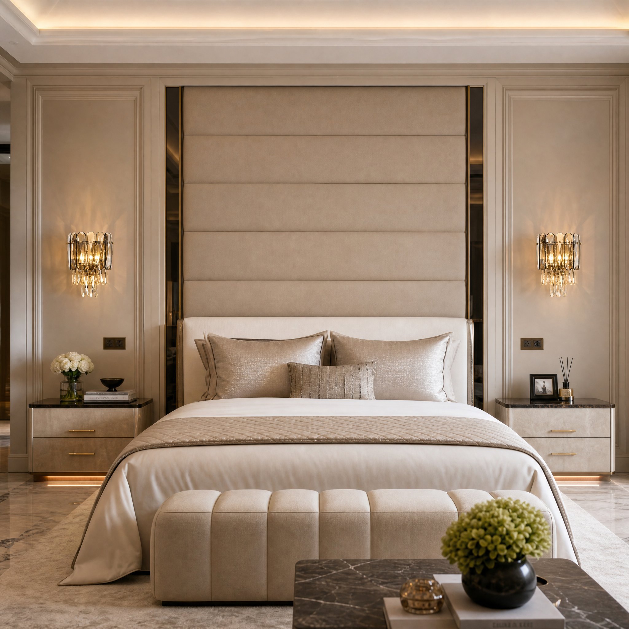 The opulent Versailles Wall Light by VORELLI® illuminating a high-end luxury residential living space with timeless elegance.