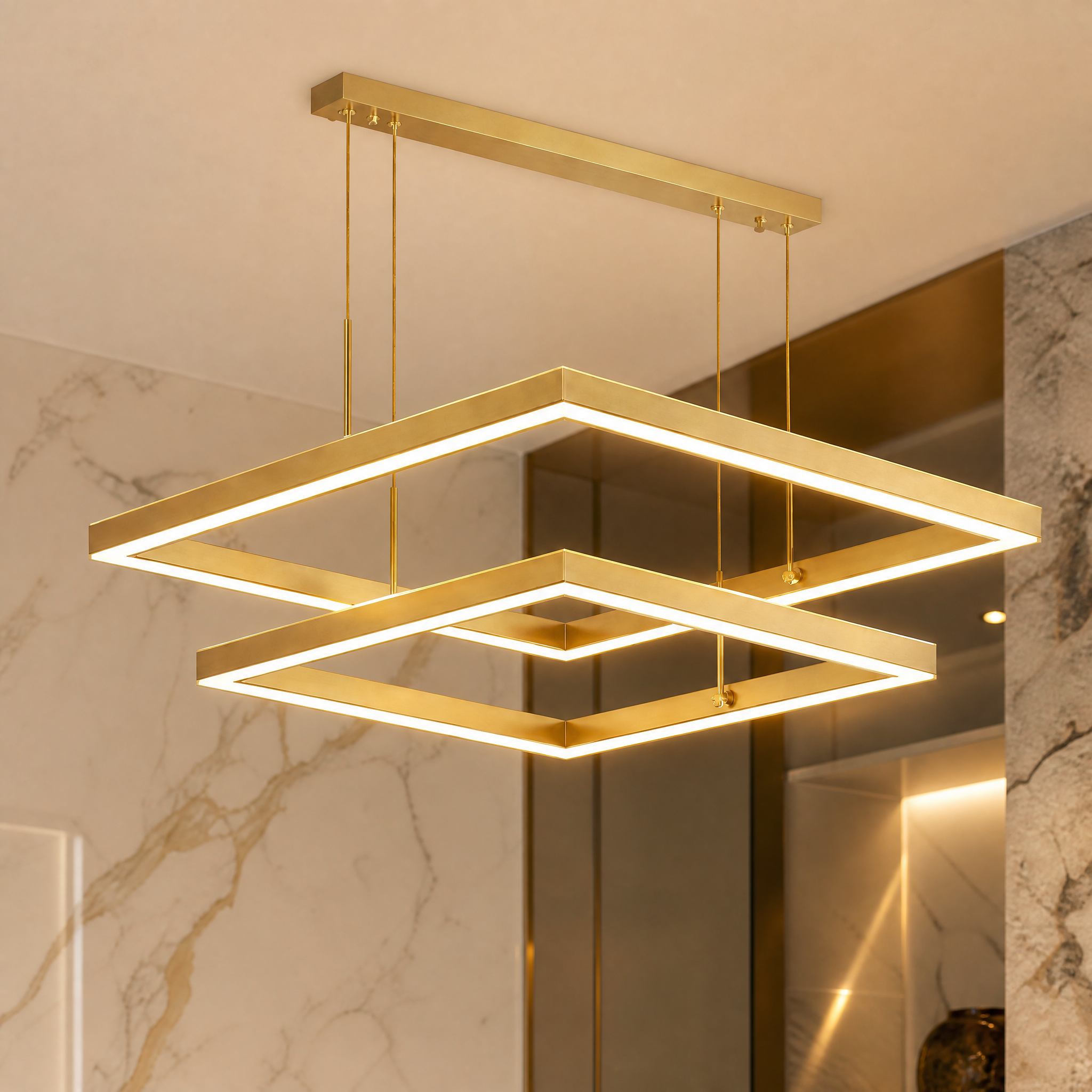 Detailed macro shot of the VORELLI Verzanno chandelier highlighting the premium matte finish on the sleek square frames and integrated high-end LED lighting strips.