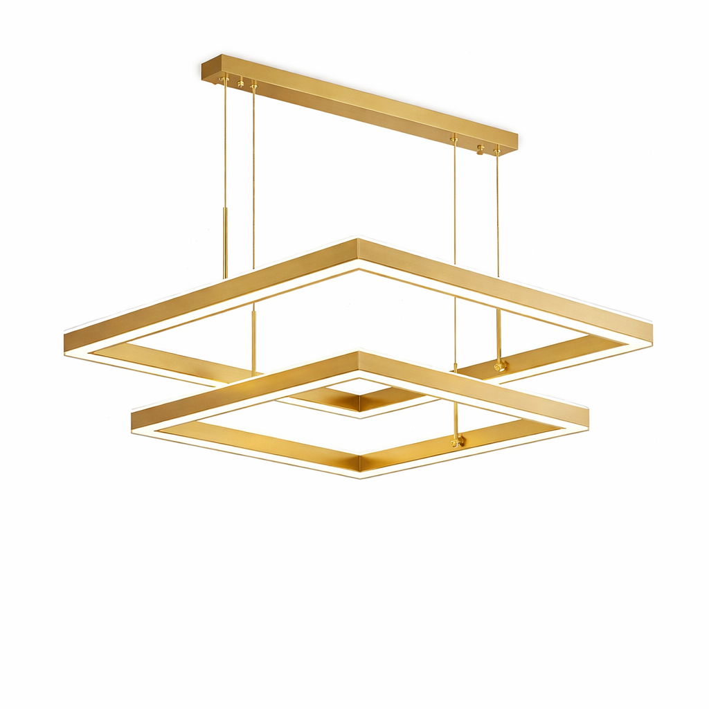 VORELLI Verzanno double circular modern LED chandelier showcasing its geometric double-frame design in a bright, upscale dining space.