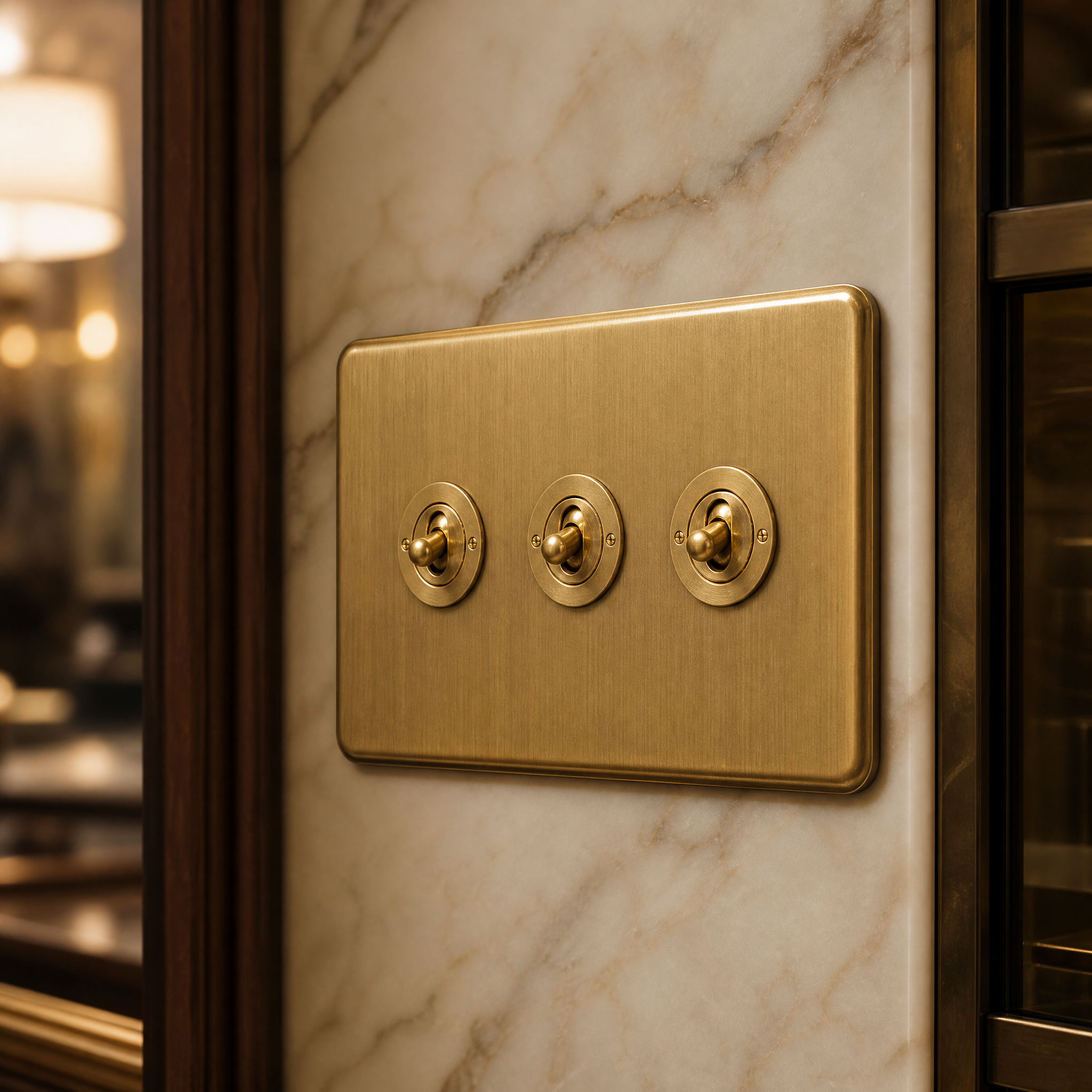 Macro view of the authentic VORELLI Victorian toggle switch showing artisan metal finishing.