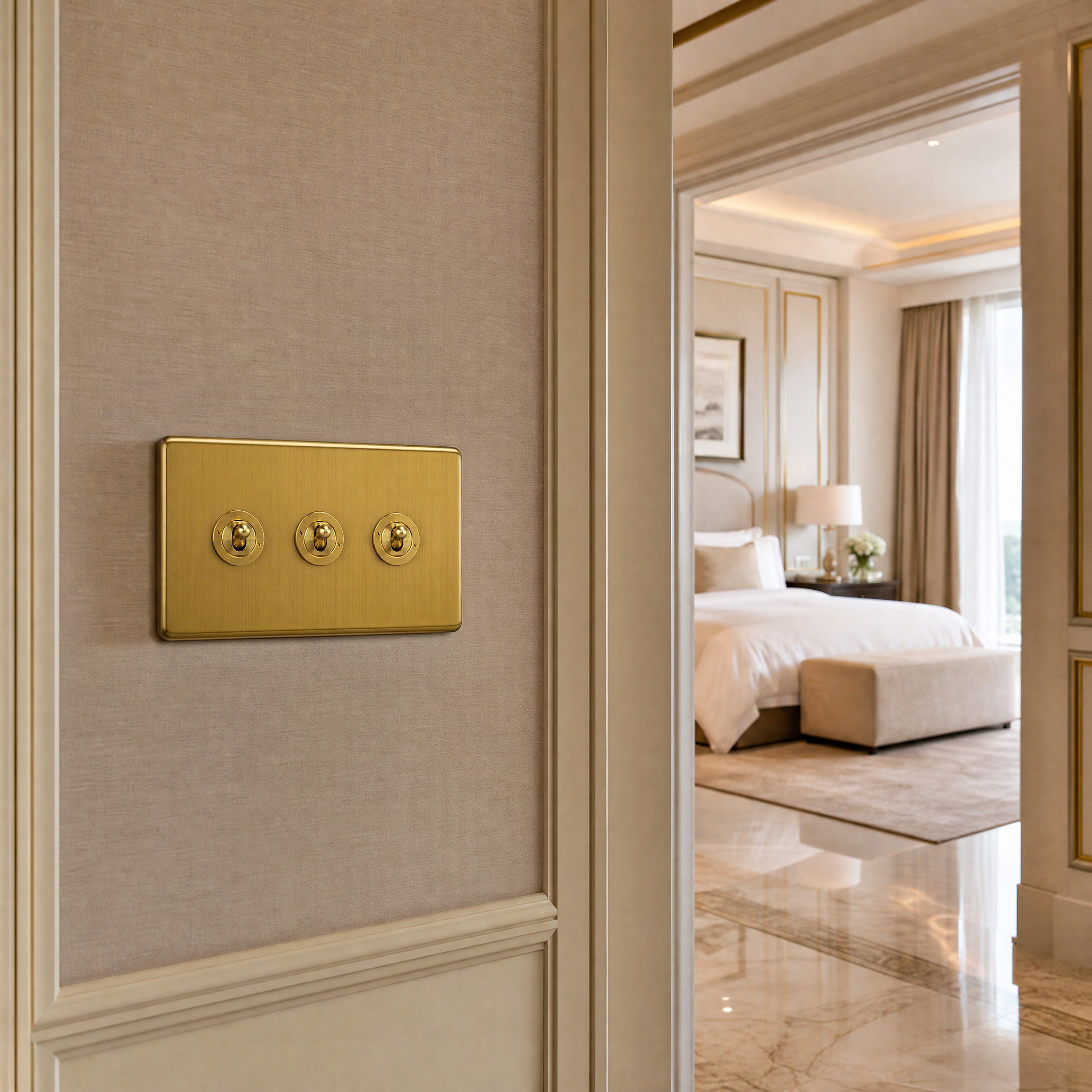 Luxury VORELLI Victorian toggle switch detailing in a high-end boutique hotel suite.