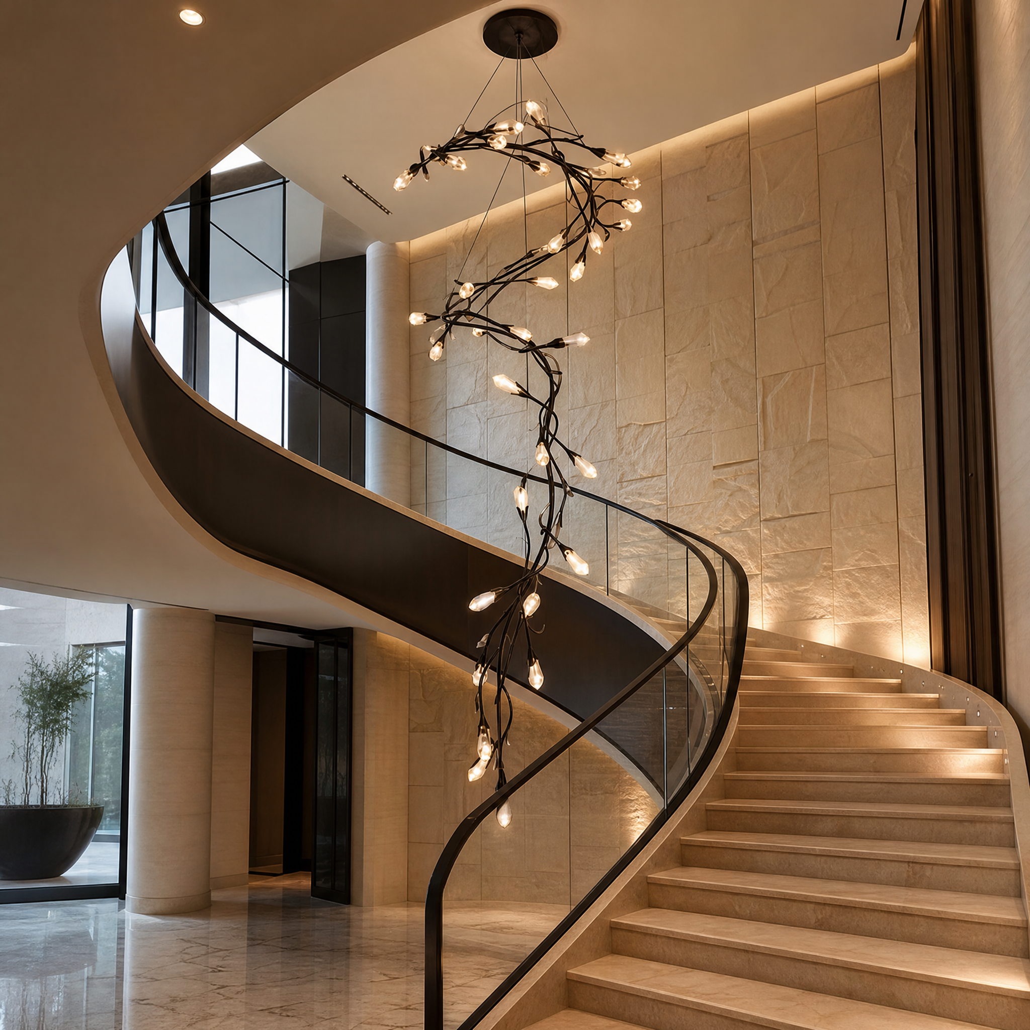 The striking Virella linear staircase chandelier creating visual movement and refined impact in a grand hospitality hotel lobby void.