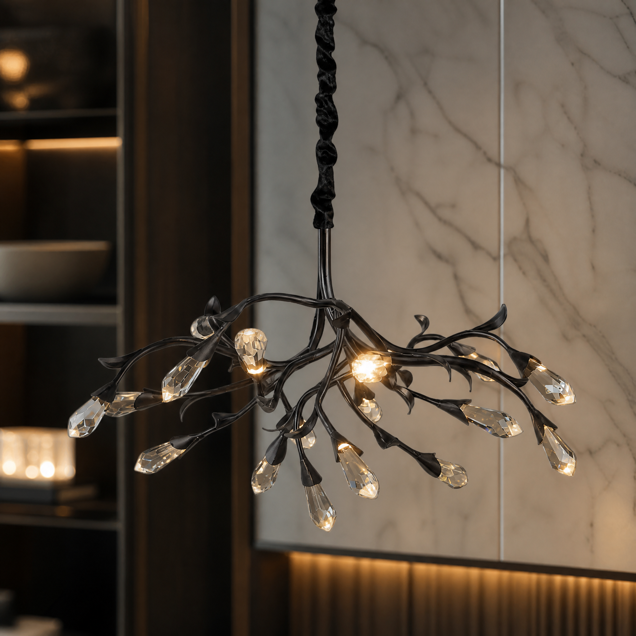 Macro view of the VORELLI Virella Pendant Light highlighting the intricate crystal drops and refined sculptural branch structure.