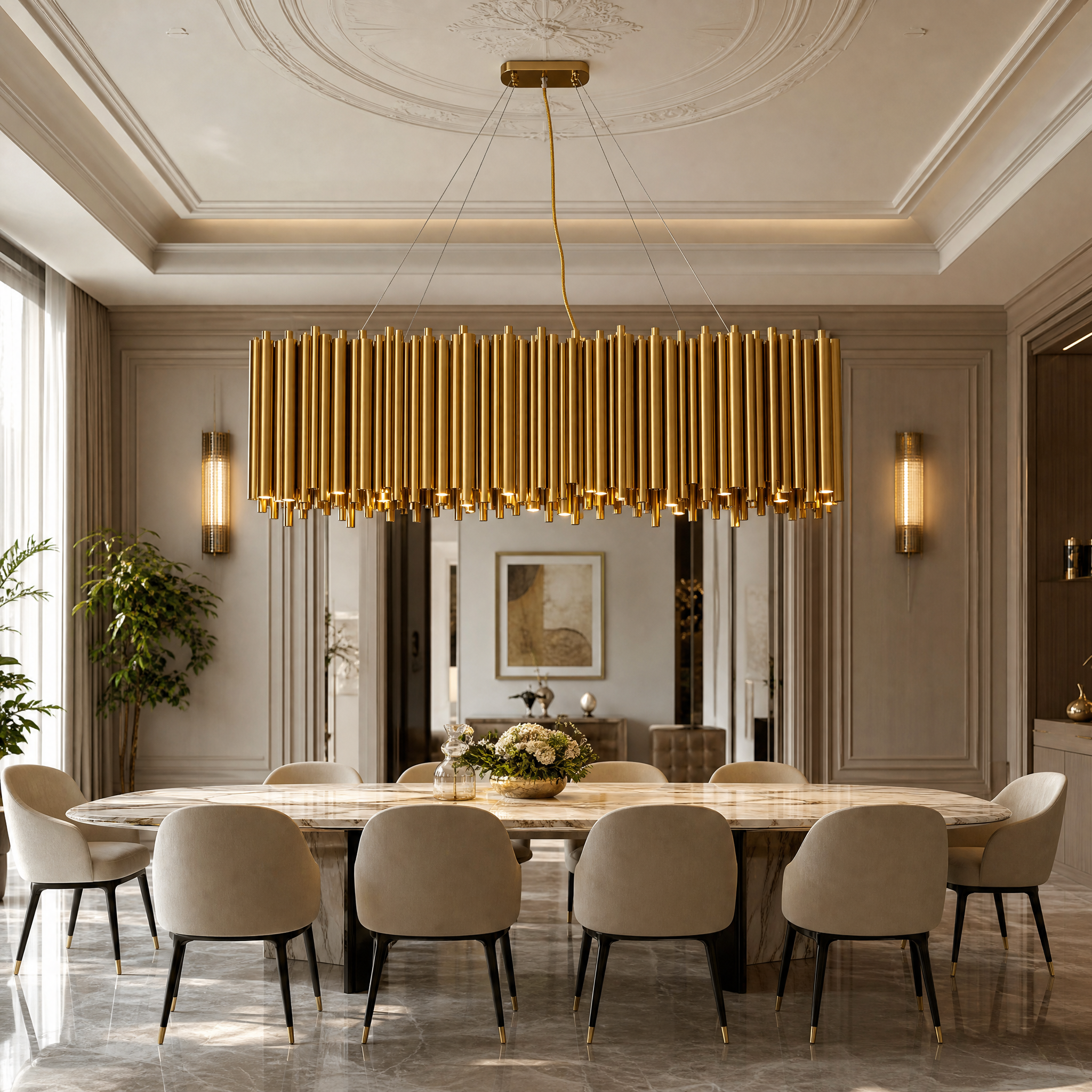 VORELLI® Vitacura Rectangular Chandelier installed in a modern, luxury residential dining room, highlighting its brushed copper and stainless steel design.