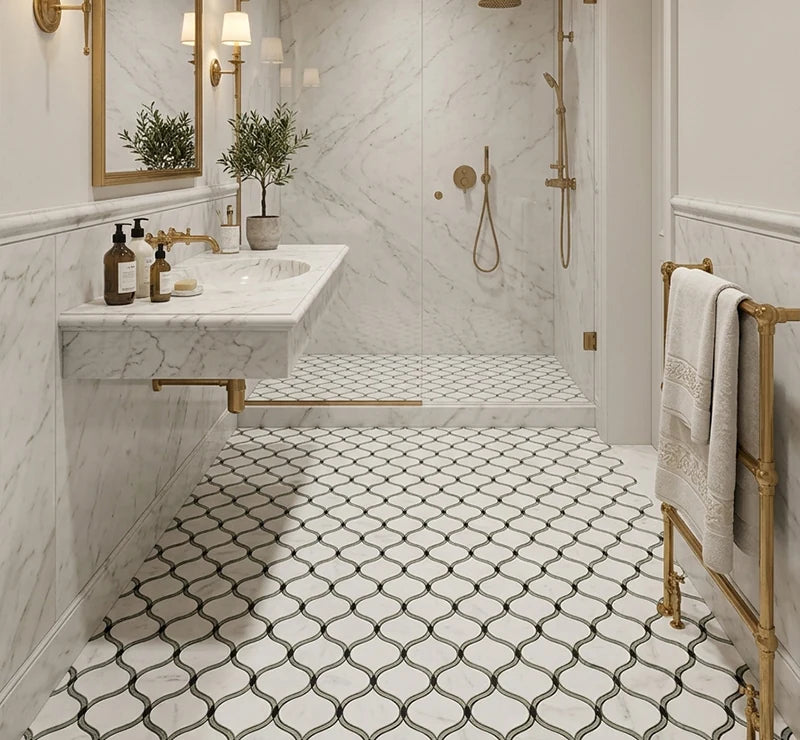 Volcanic Cube Lantern Pattern Waterjet Marble Mosaic luxury mixed waterjet marble mosaic for premium UK interiors