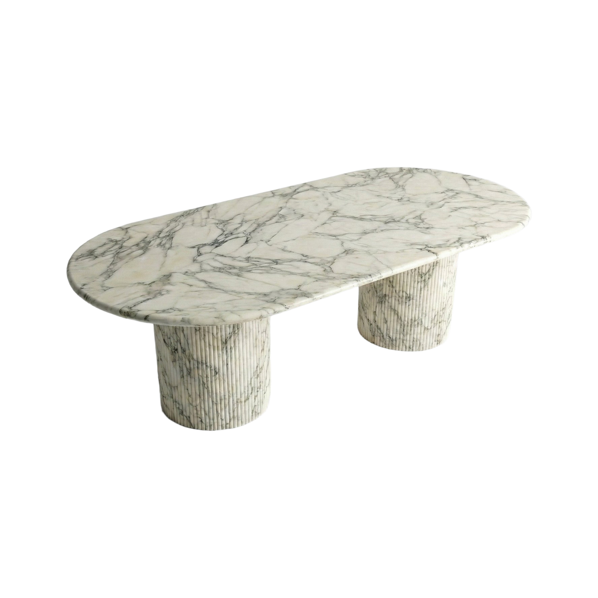 VORELLI® Arabescato Marble Oval Dining Table - Fluted on a pure white background.
