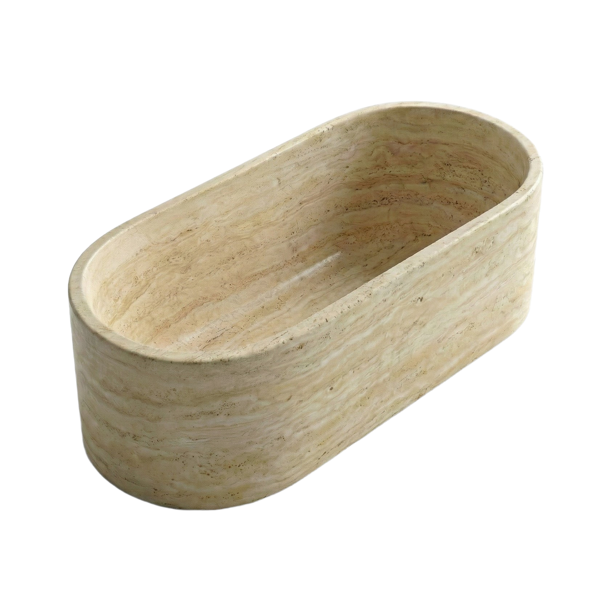 VORELLI® Beige Travertine Freestanding Bathtub - Elliptical on a pure white background.