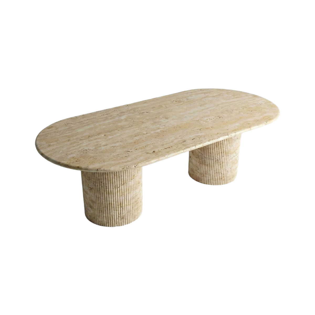VORELLI® Beige Travertine Oval Dining Table - Fluted on a pure white background.