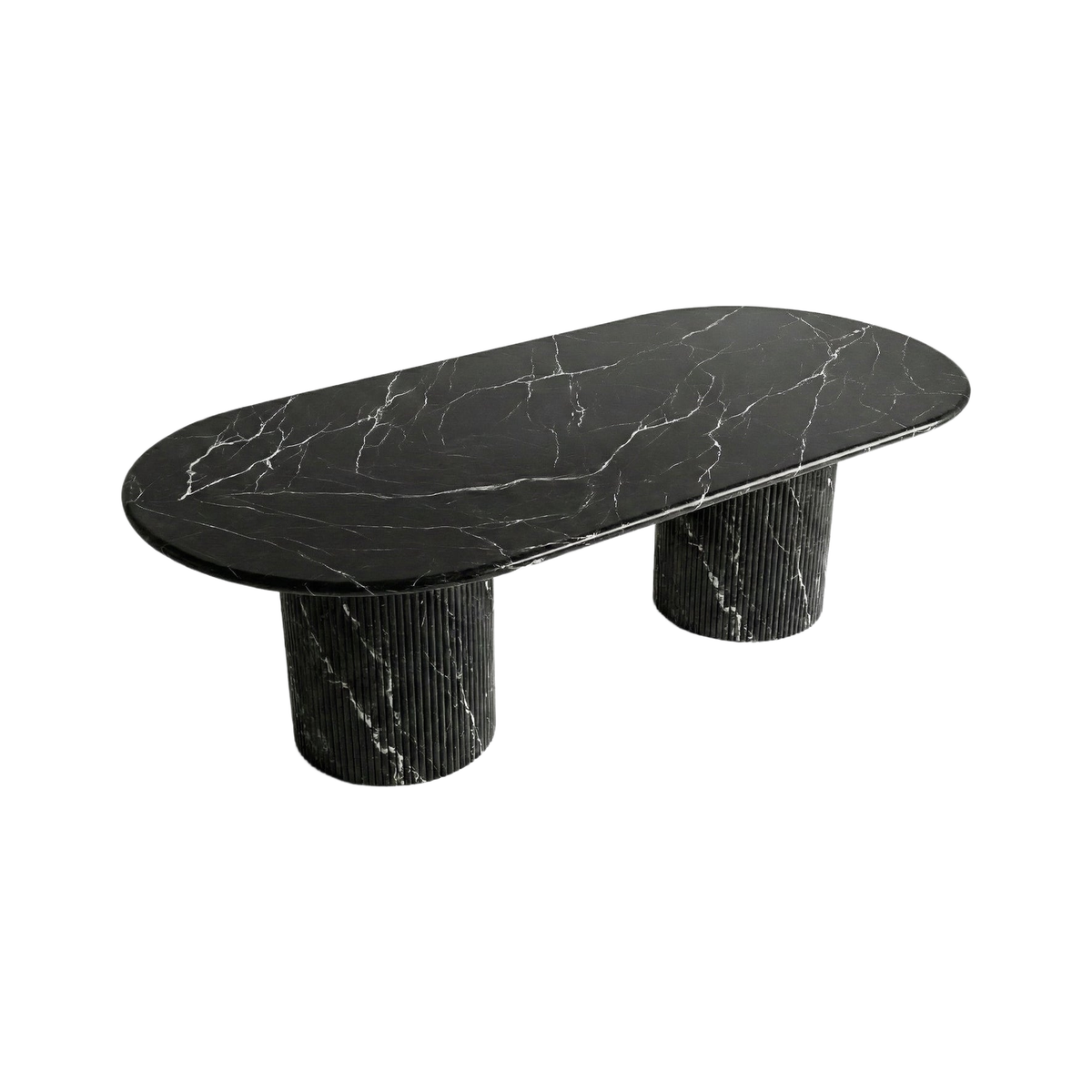 VORELLI® Black Marquina Marble Oval Dining Table - Fluted on a pure white background.