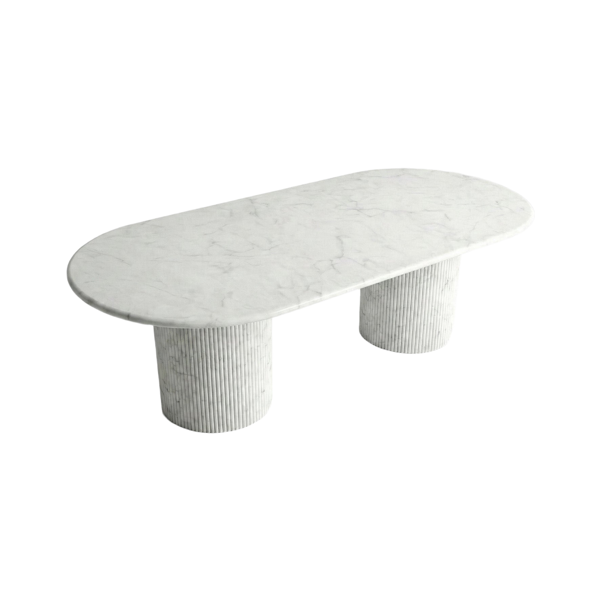 VORELLI® White Carrara Marble Oval Dining Table - Fluted on a pure white background.