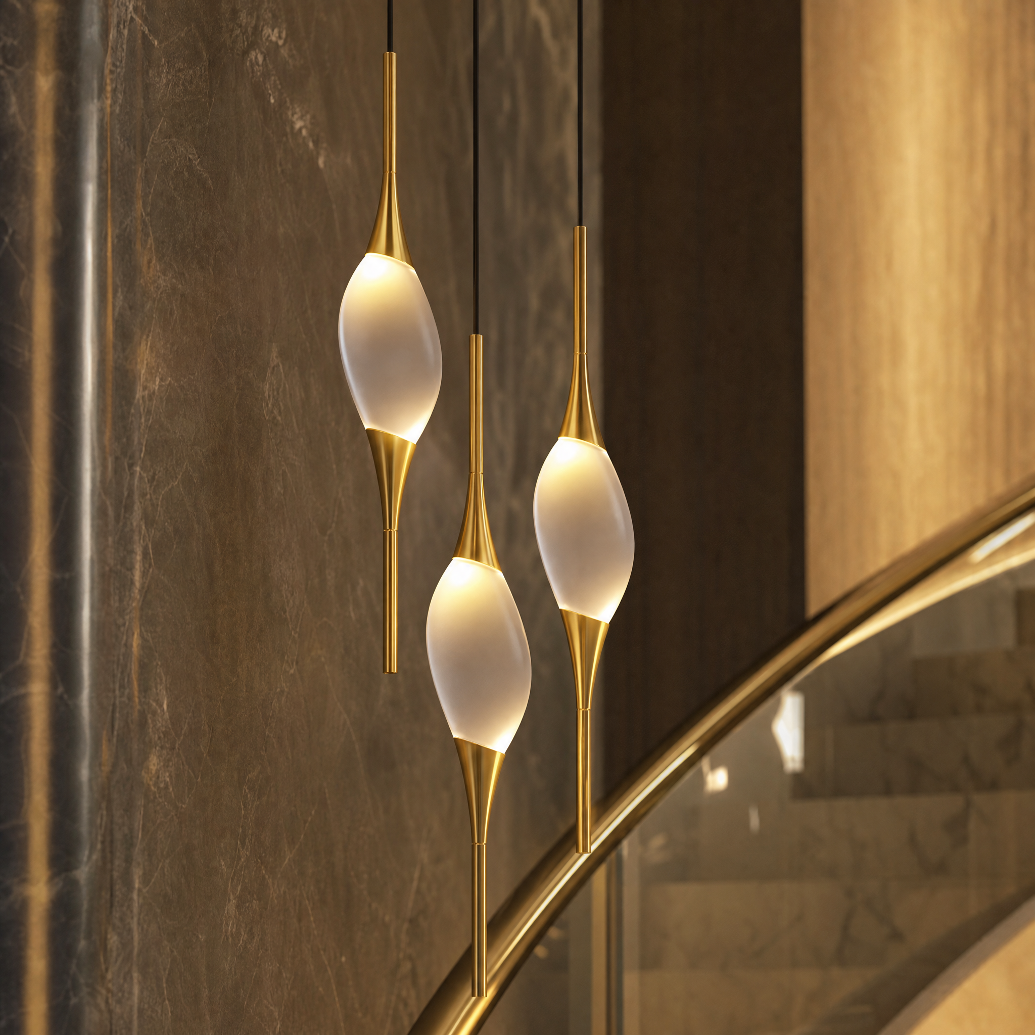 Macro closeup of the sleek modern pendants and premium glass detailing of the VORELLI Wentworth chandelier.