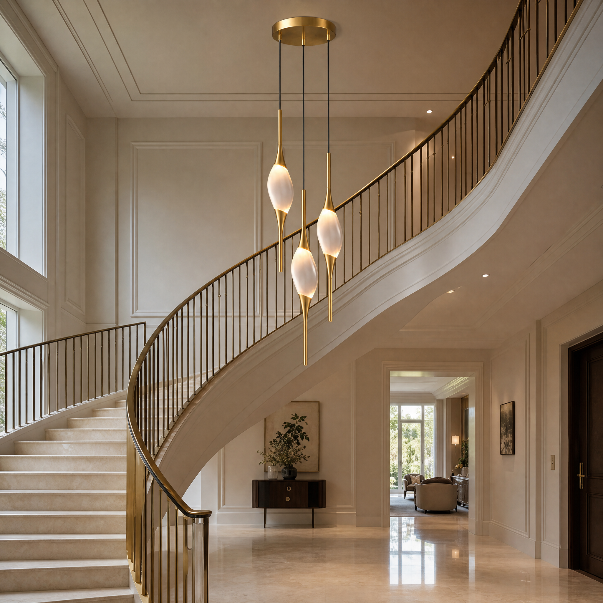 VORELLI Wentworth modern pendant chandelier installed in a luxury residential double-height staircase.