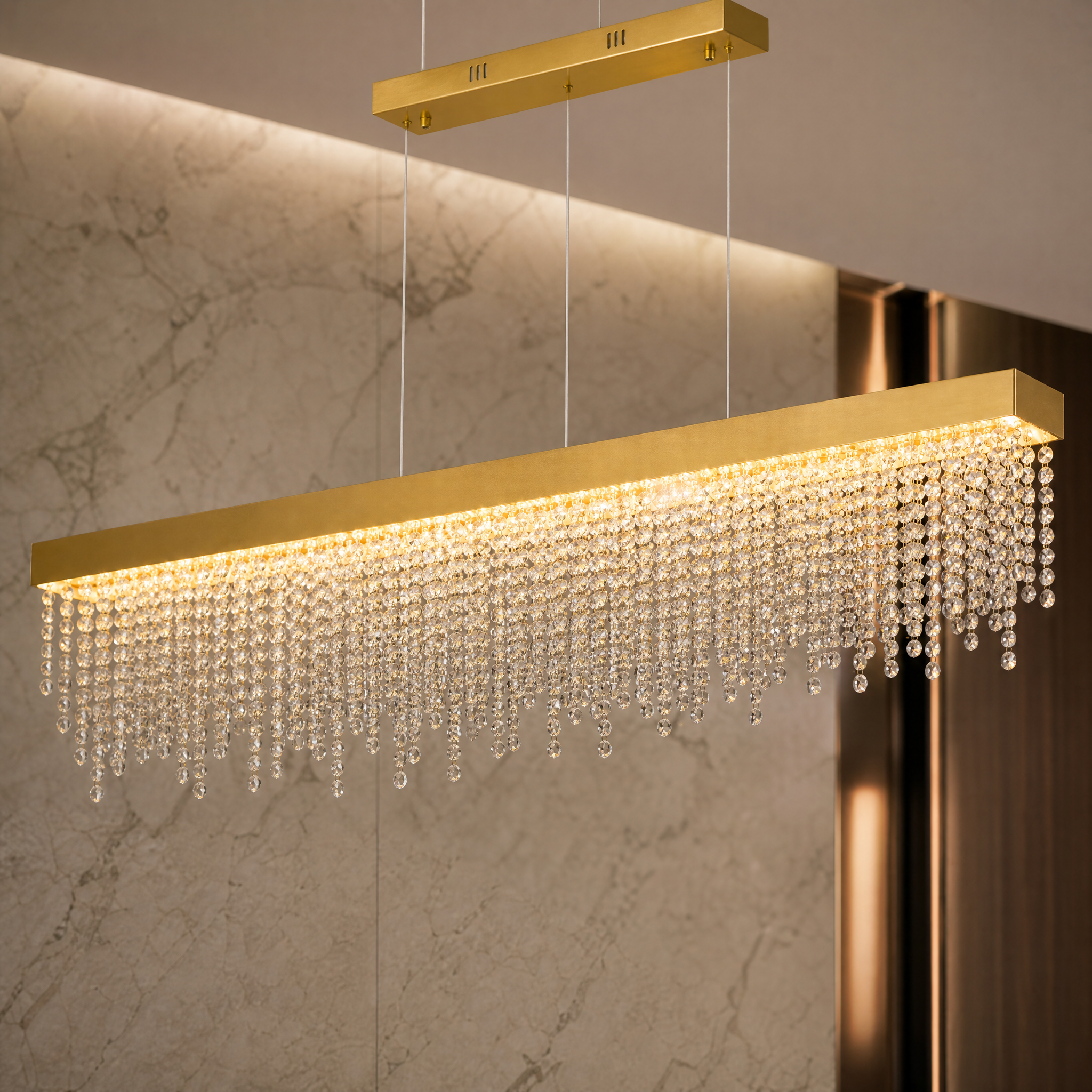 A detailed closeup of the VORELLI Westminster chandelier, showcasing the premium stainless steel frame and intricately cascading crystal chains.