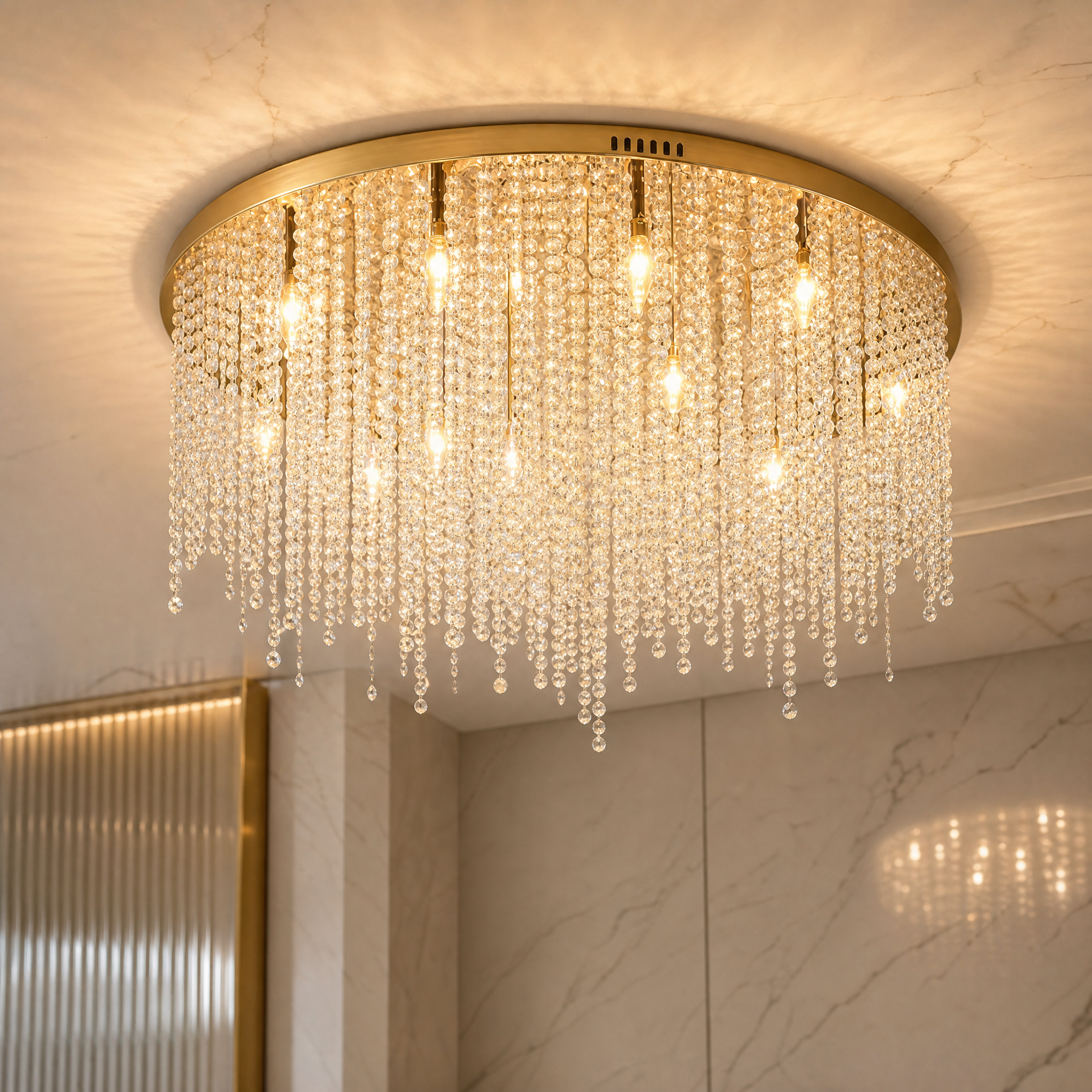 Macro close-up shot of the Westminster Circular Ceiling Light showcasing the premium stainless steel frame and shimmering individual crystal chains.
