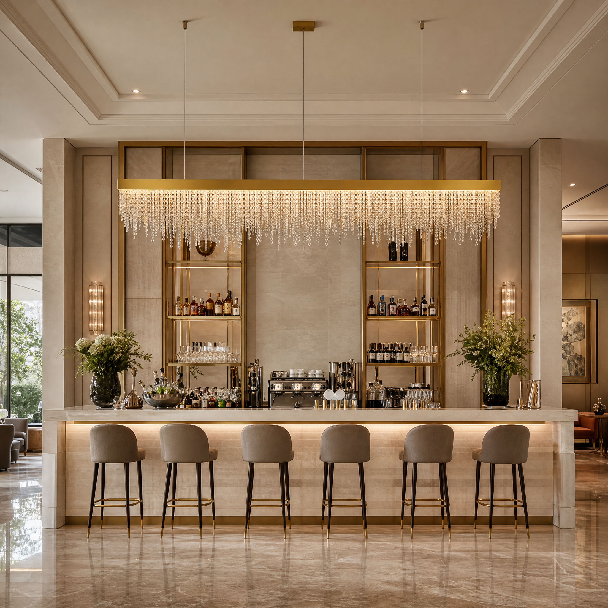 Luxury Westminster Rectangular Chandelier II by VORELLI illuminating an upscale restaurant and bar interior with hanging crystal diamonds and contemporary matte black metalwork