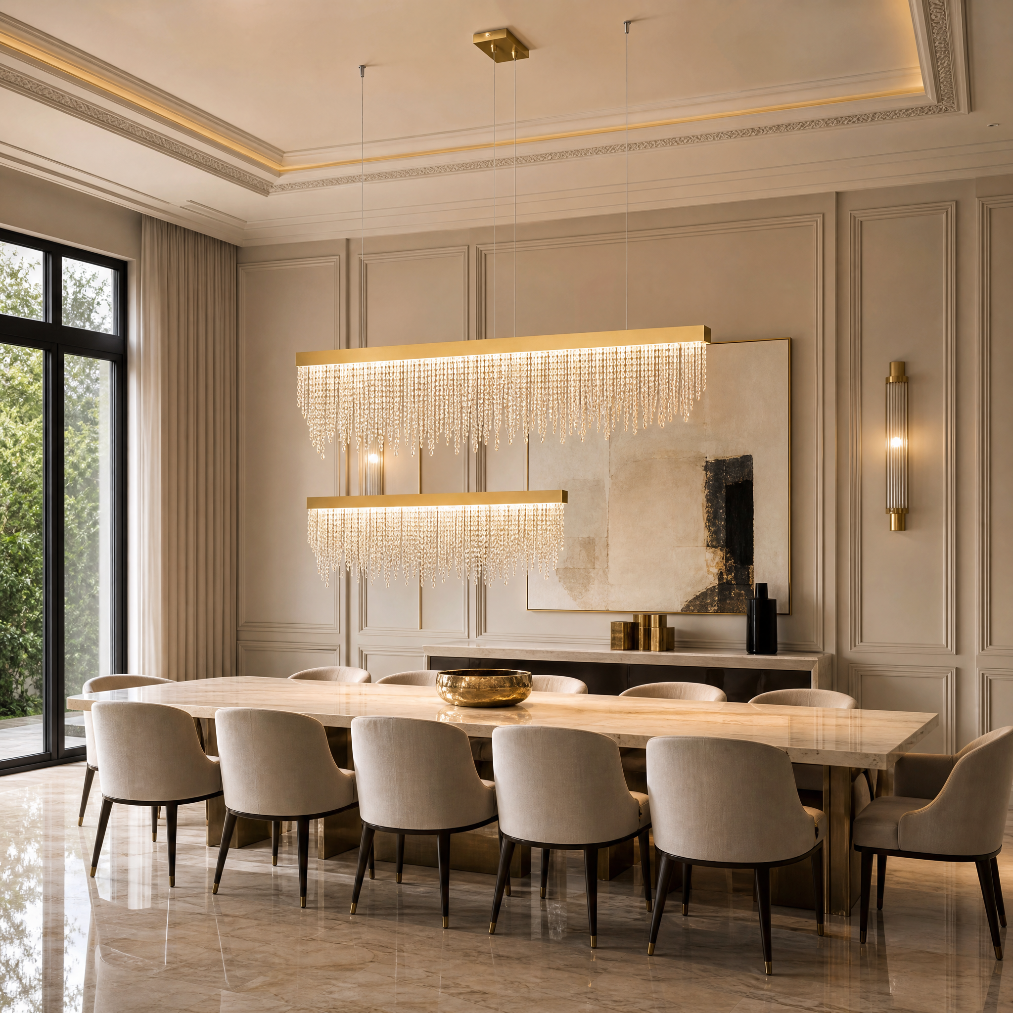 VORELLI Westminster Rectangular Chandelier II in a modern luxury dining room featuring cascading crystal diamonds, adjustable LED lighting and a sleek titanium gold finish