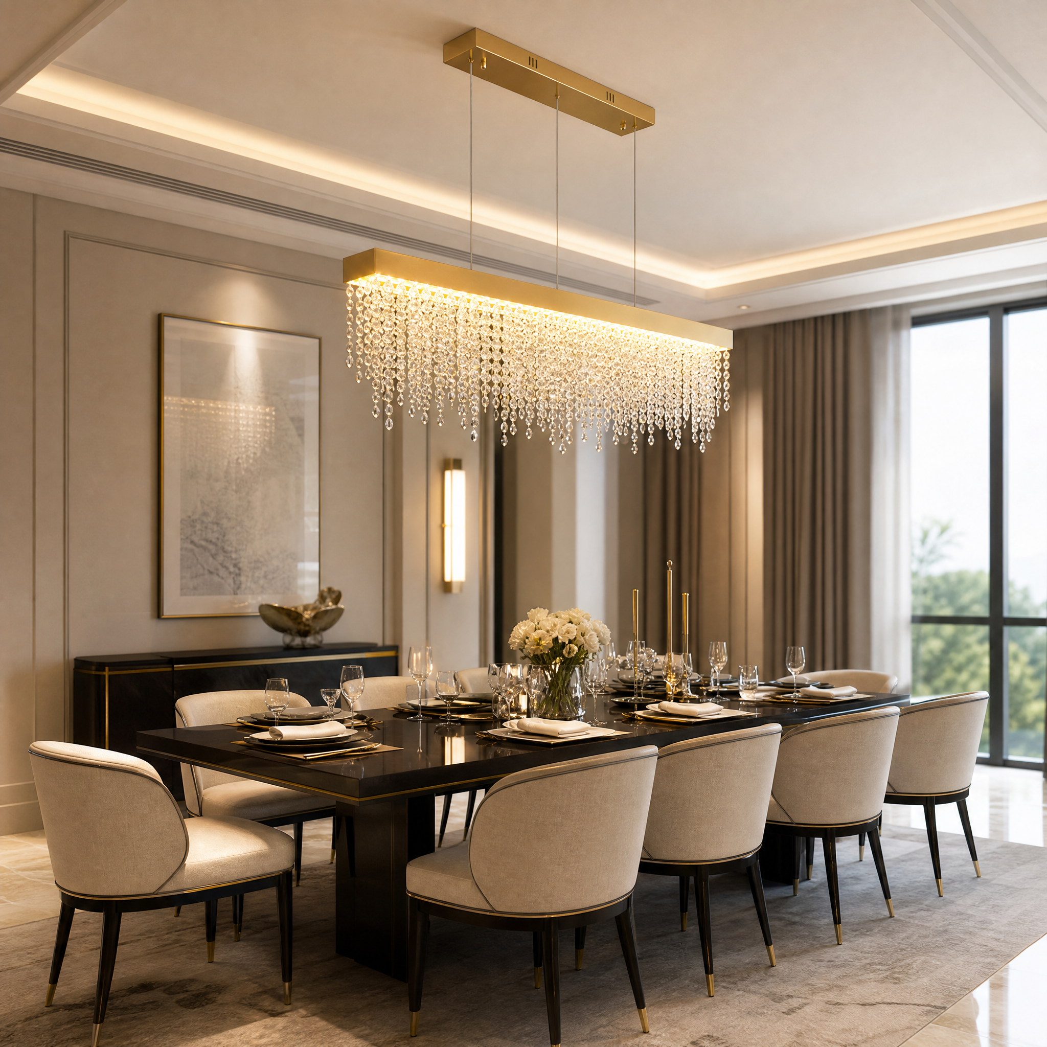 The VORELLI Westminster Rectangular Chandelier installed in a luxury residential dining room, casting a warm and sophisticated glow.