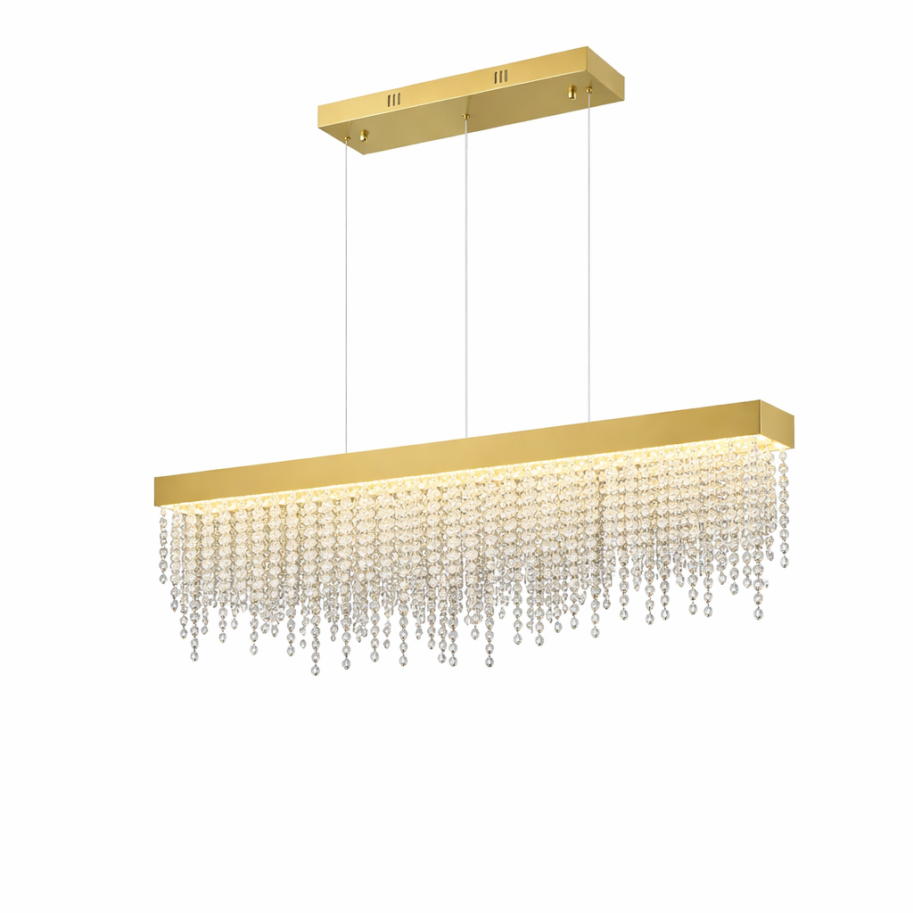 VORELLI Westminster rectangular chandelier viewed from an angled perspective, emphasizing its clean architectural lines and timeless crystal luxury.