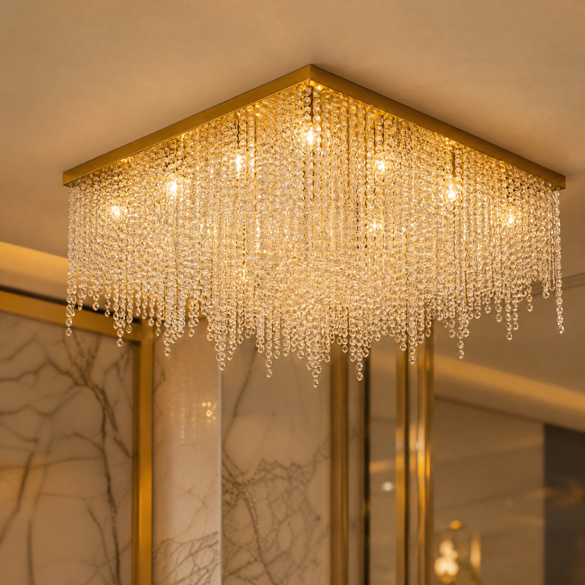 Detailed macro shot of the VORELLI Westminster Square Ceiling Light, highlighting the fine craftsmanship of the cascading crystal chains and sleek stainless steel frame.