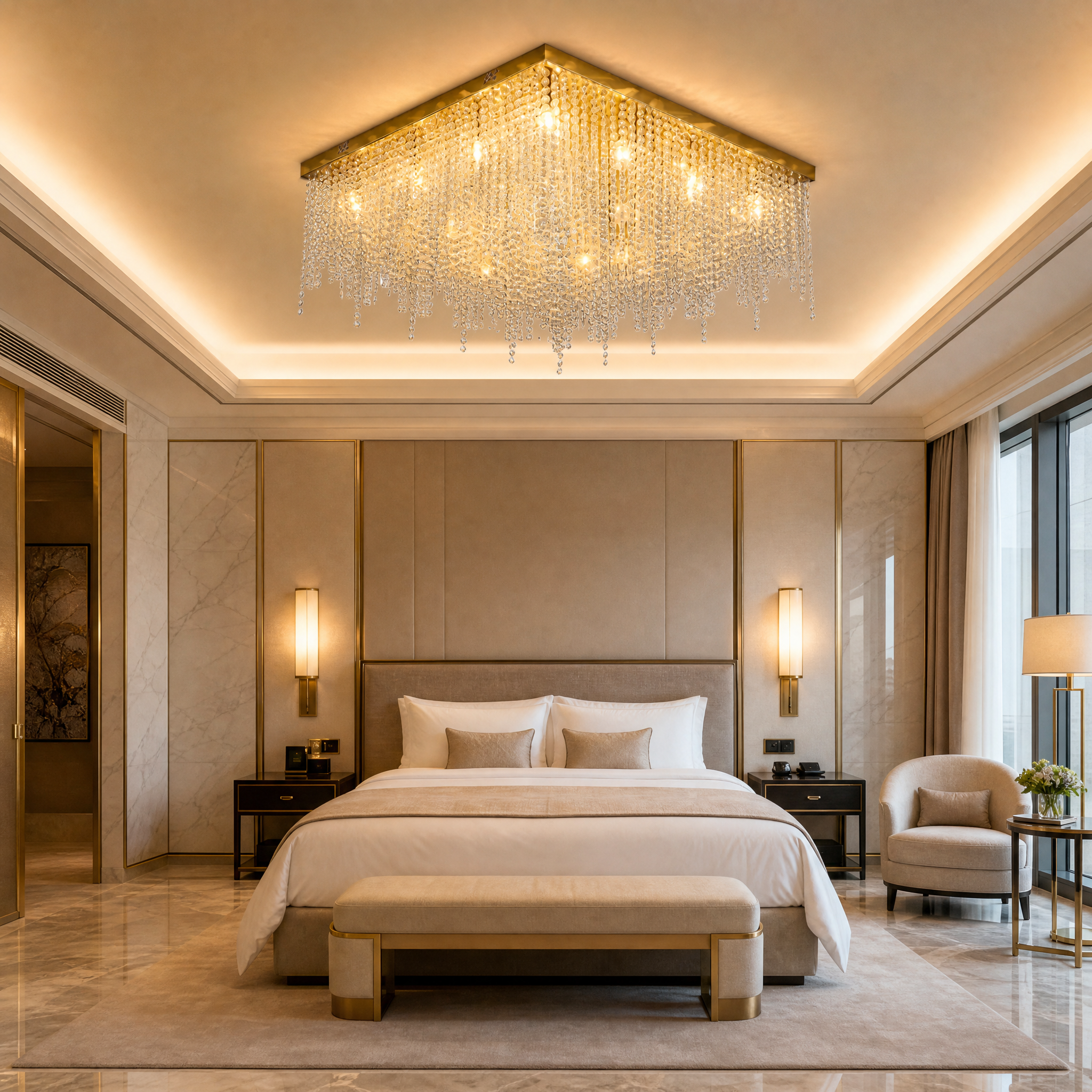 The sophisticated modern stainless steel frame of the VORELLI Westminster Square Ceiling Light illuminating a high-end hospitality boutique hotel lobby.