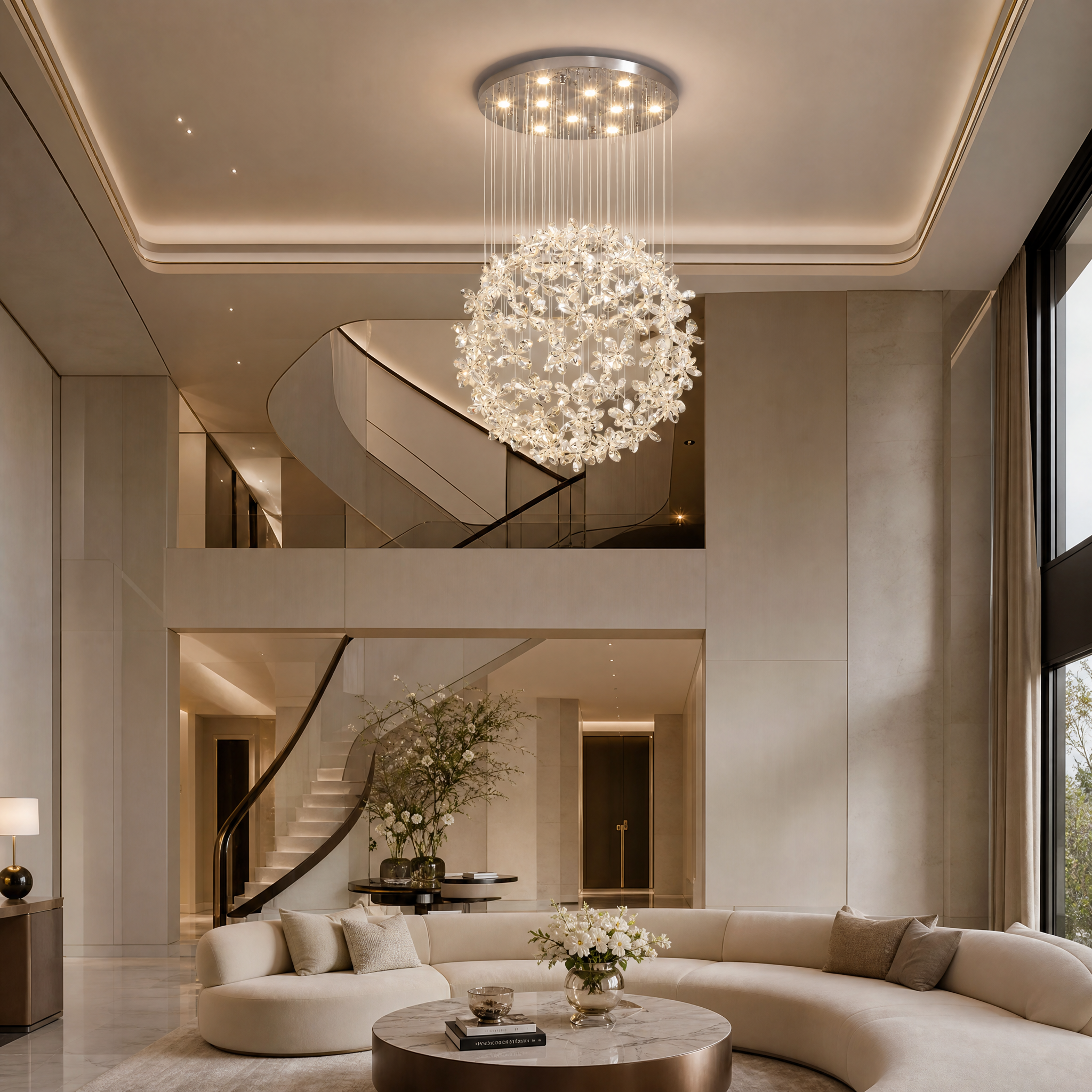 VORELLI Whirlow staircase chandelier featuring diamond-cut flower crystal pendants cascading in a modern residential multi-story entryway.