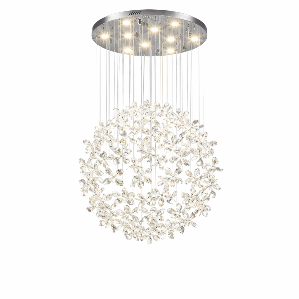 Detailed view of the diamond-cut floral crystal pendants of the Whirlow chandelier, casting complex and brilliant light patterns.