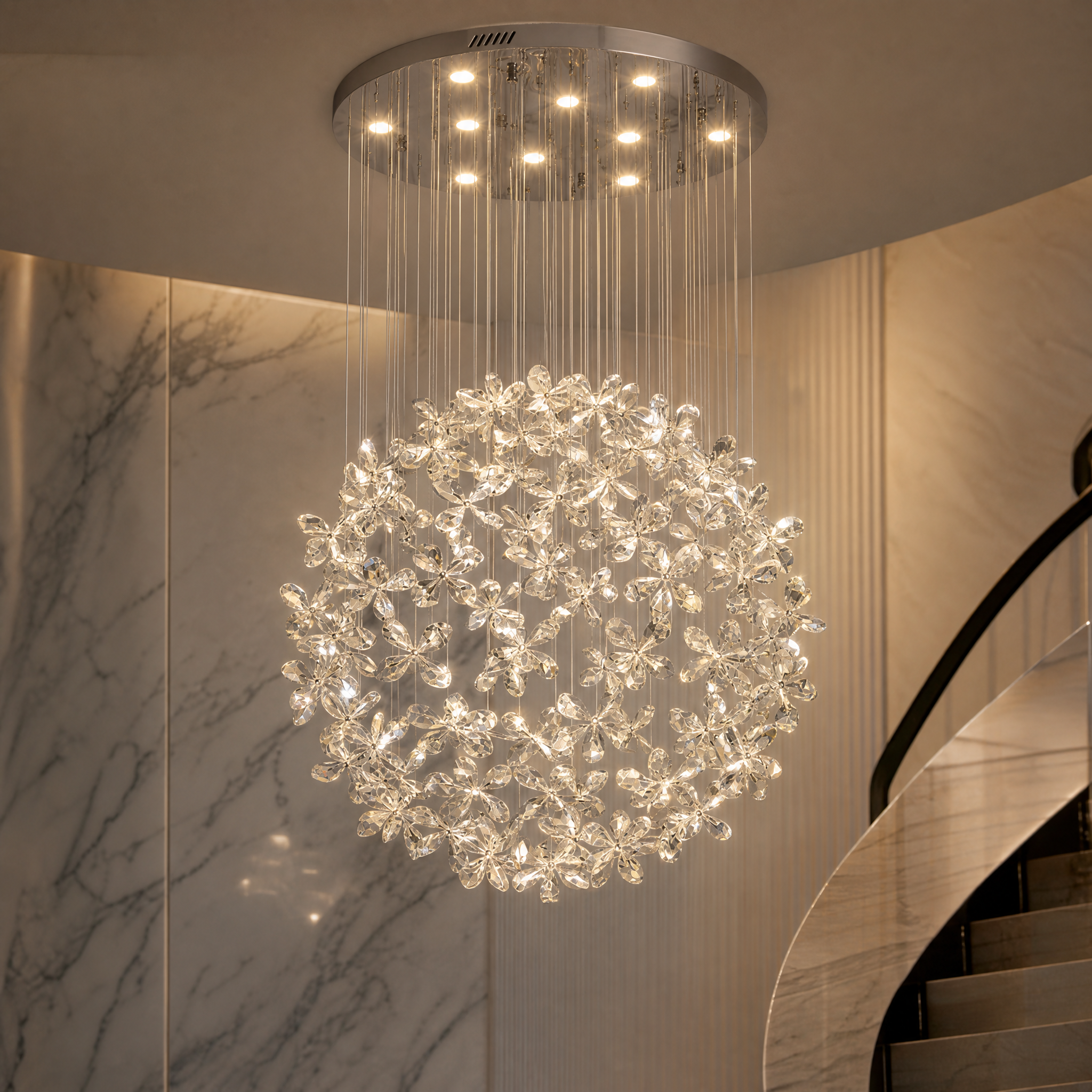 Macro closeup of the VORELLI Whirlow chandelier highlighting the intricate details of the diamond-cut flower crystal pendants.
