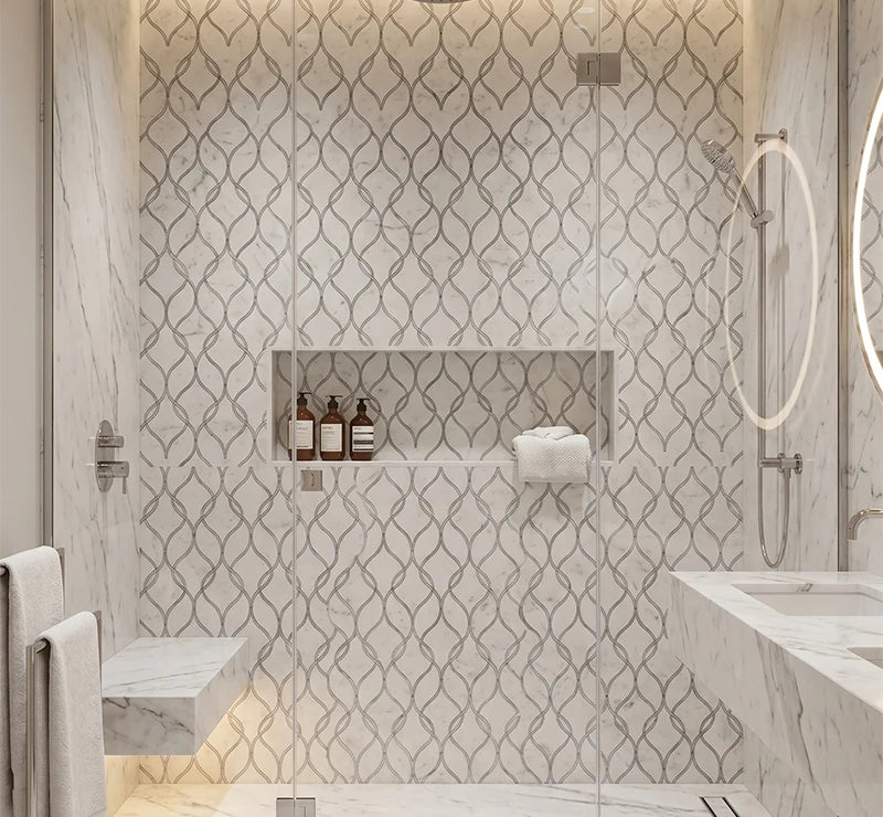 White Calacatta Grey Vein Accents Waterjet Marble Mosaic luxury white, grey waterjet marble mosaic for premium UK interiors
