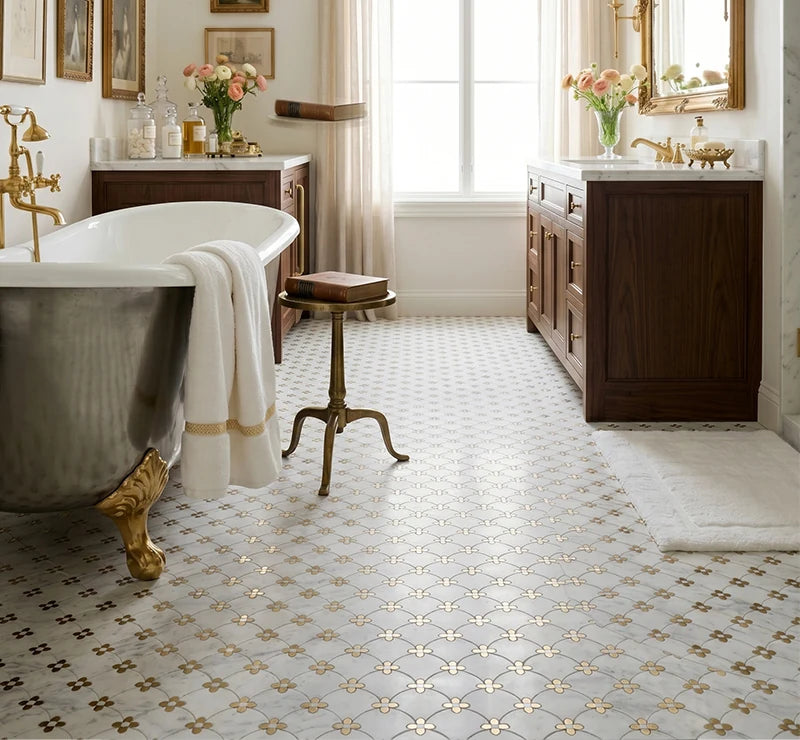 White Calacatta Stainless Steel Floral Waterjet Marble Mosaic luxury white waterjet marble mosaic for premium UK interiors
