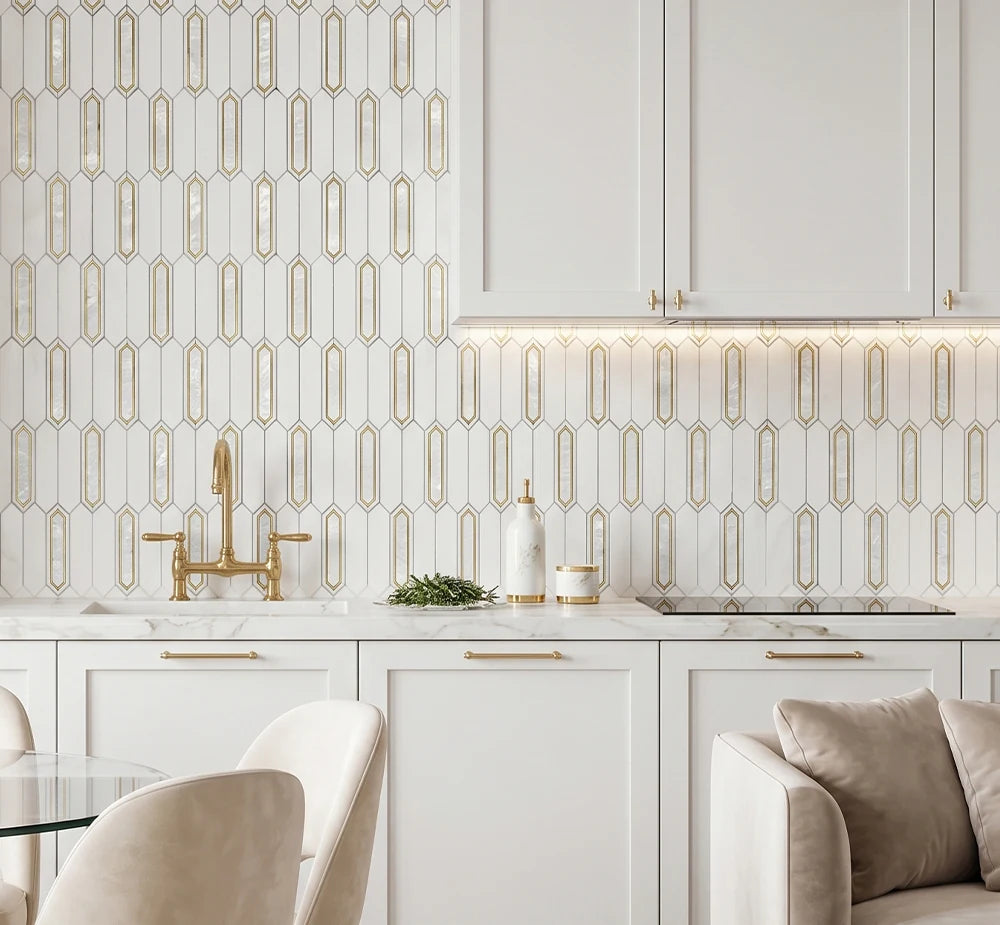 White Copper Waterjet Marble Mosaic luxury white, gold waterjet marble mosaic for premium UK interiors