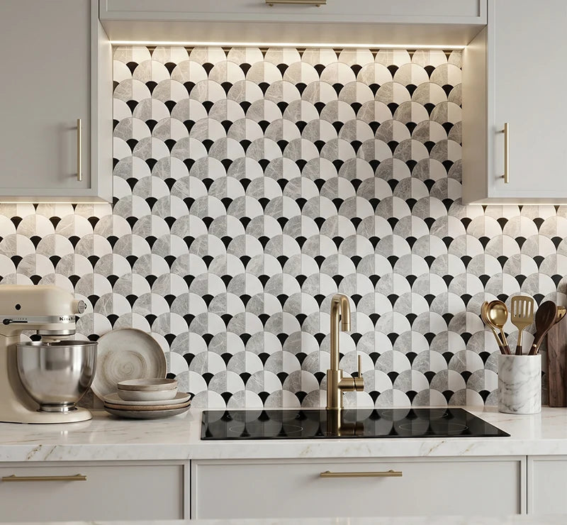 White Grey Black Shape Design Waterjet Marble Mosaic Tile by VORELLI®