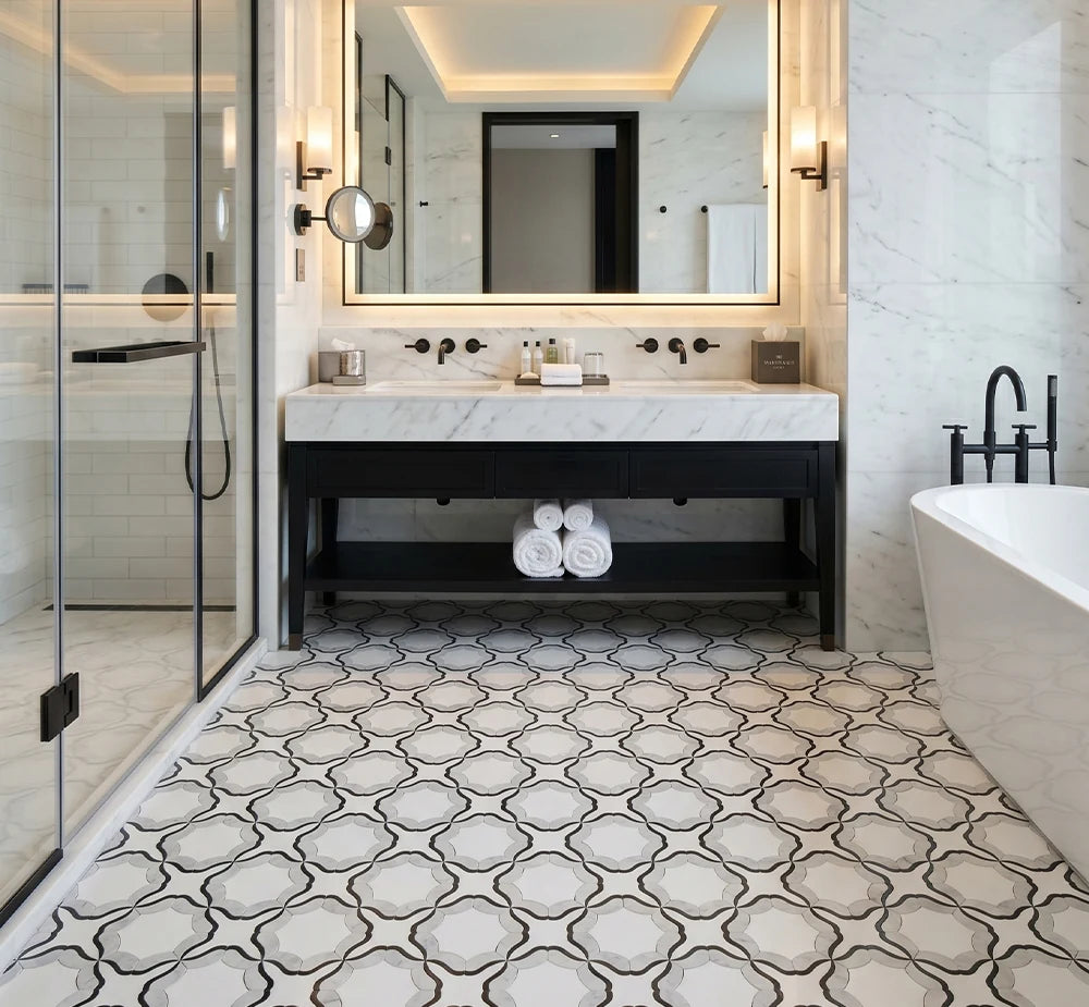 White Nero Marquina Cinderella Waterjet Marble Mosaic Tile by VORELLI®