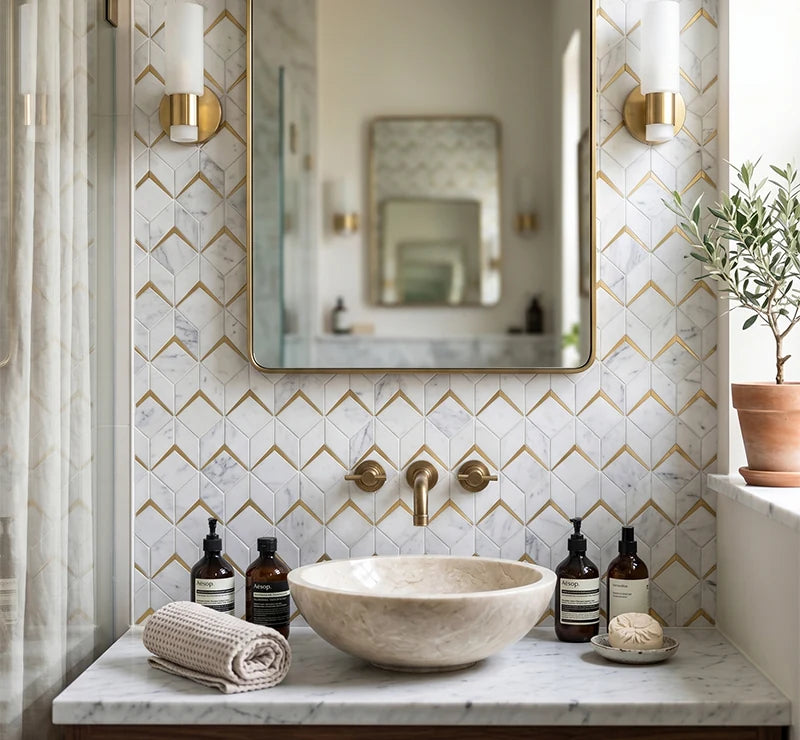 White Statuario Brass Inlay Cube 3D Marble Wall Mosaic Tile marble mosaic tile by VORELLI®