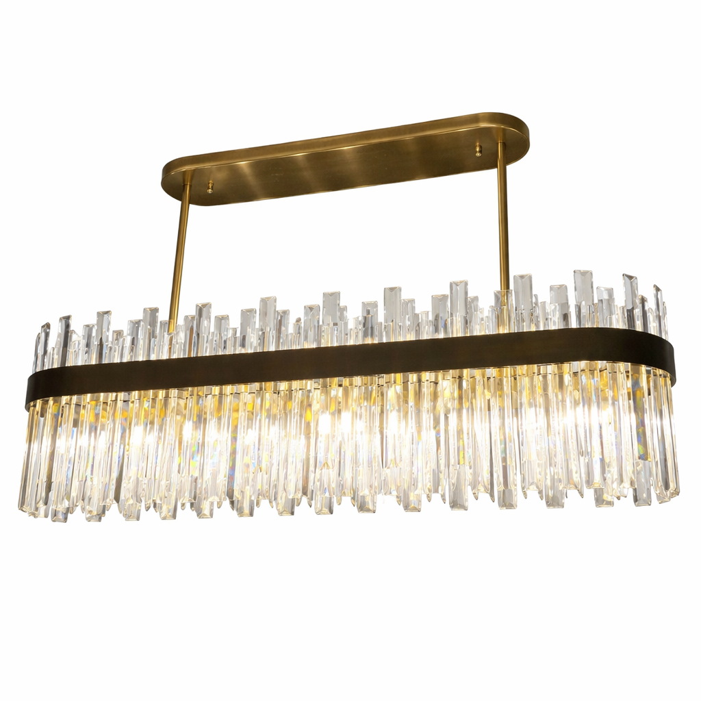 Detailed close-up of the pristine crystal bars and gleaming polished stainless steel frame of the VORELLI Williston rectangular chandelier.