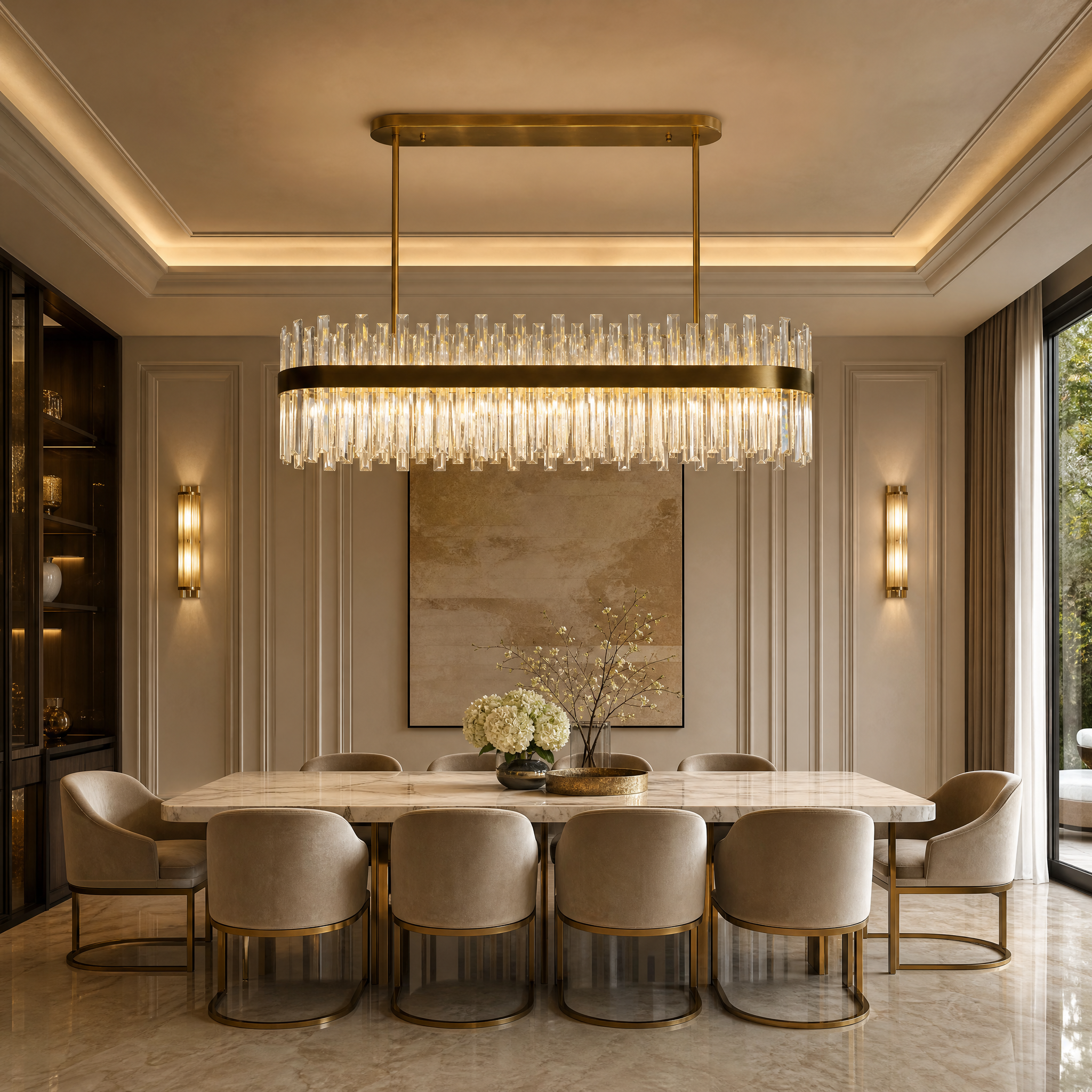 VORELLI Williston rectangular crystal chandelier illuminating a luxury residential dining room with a sophisticated ambiance.
