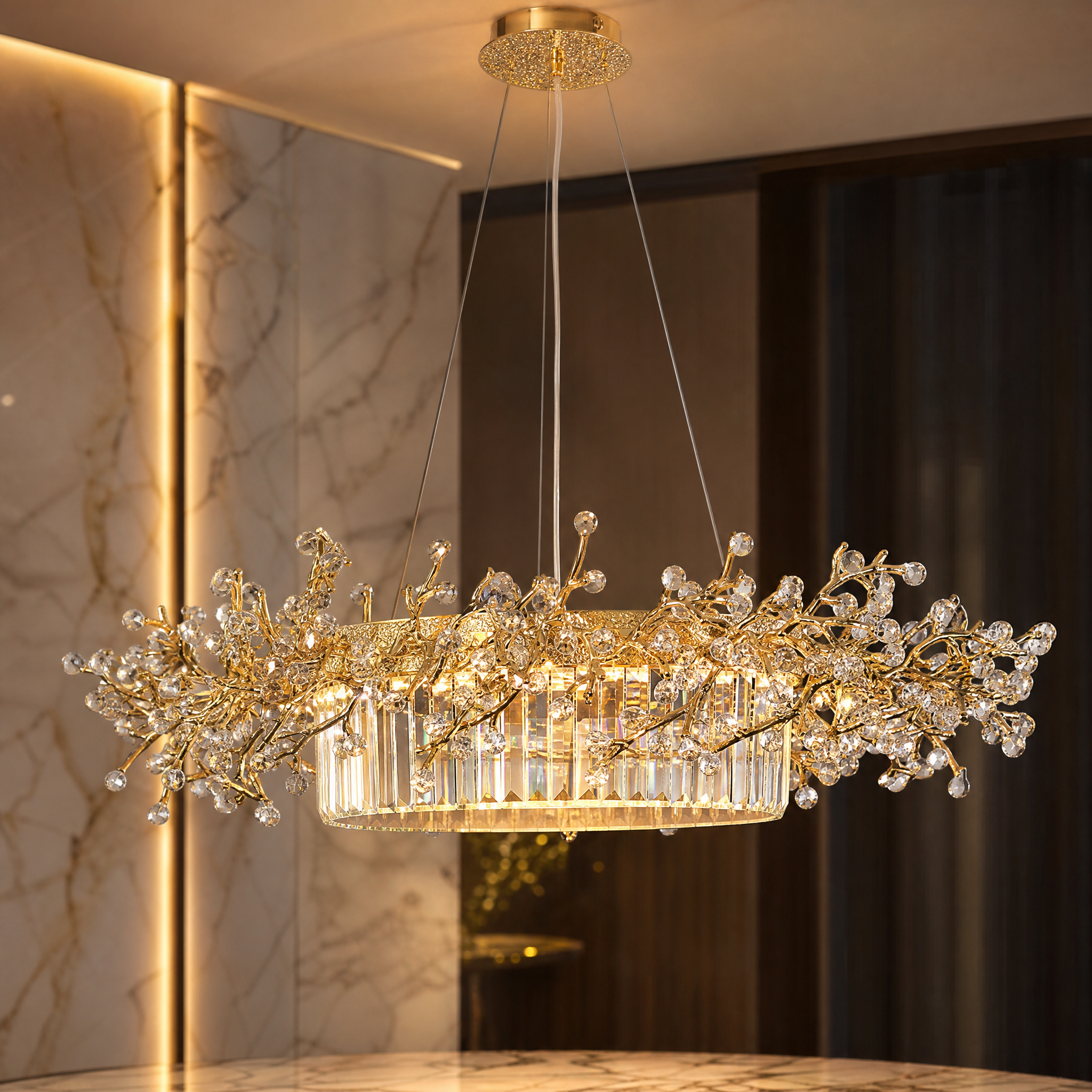 Macro close-up shot showing the branching crystal accents of the VORELLI Winterberry Chandelier.
