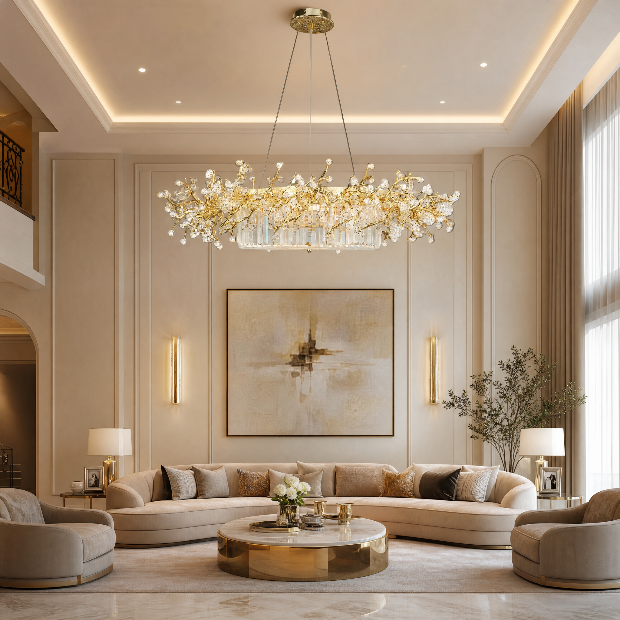 VORELLI Winterberry Circular Chandelier installed in a luxury residential dining room setting.