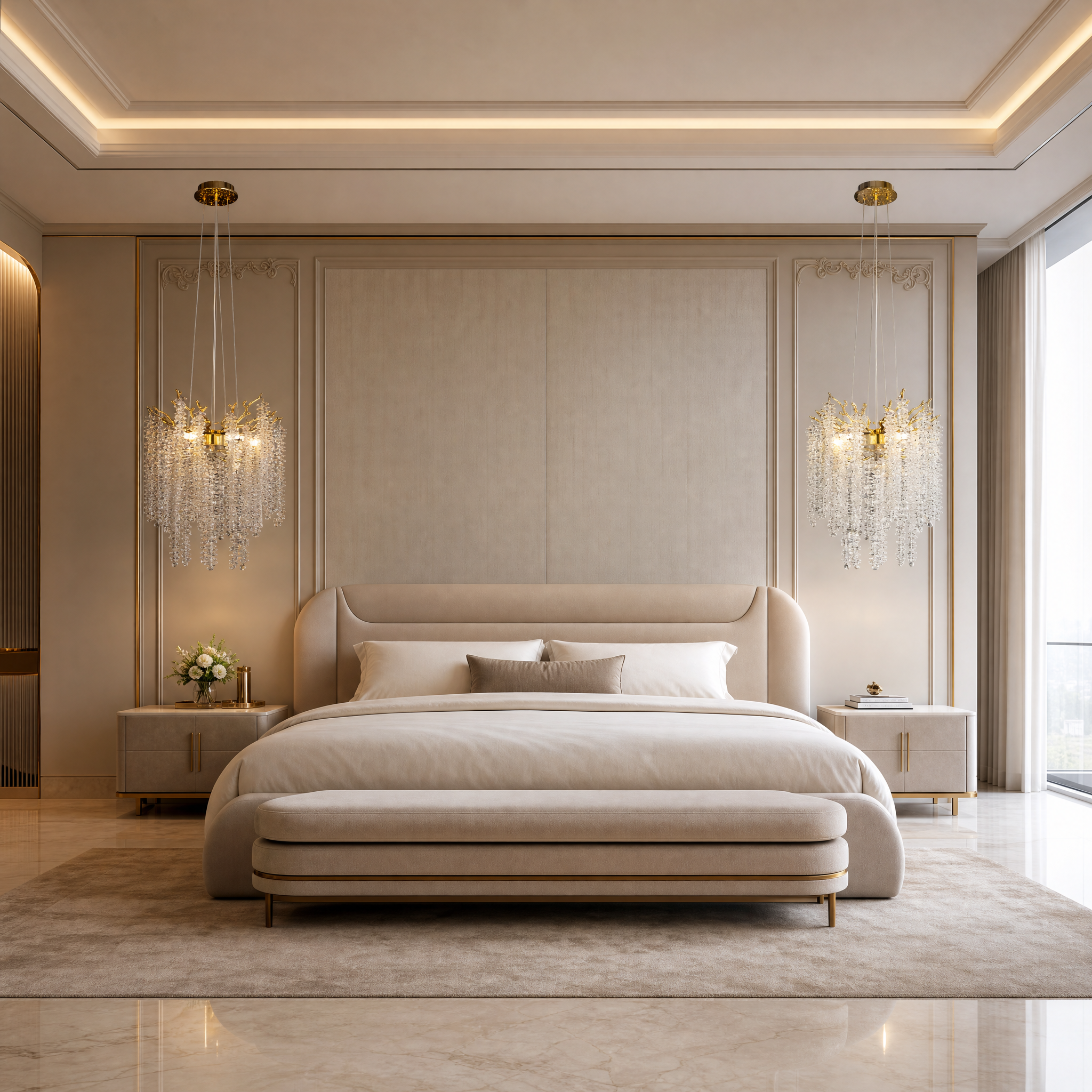 A luxury residential living room featuring the VORELLI Wisteria pendant light, casting a warm glow over upscale contemporary furnishings.