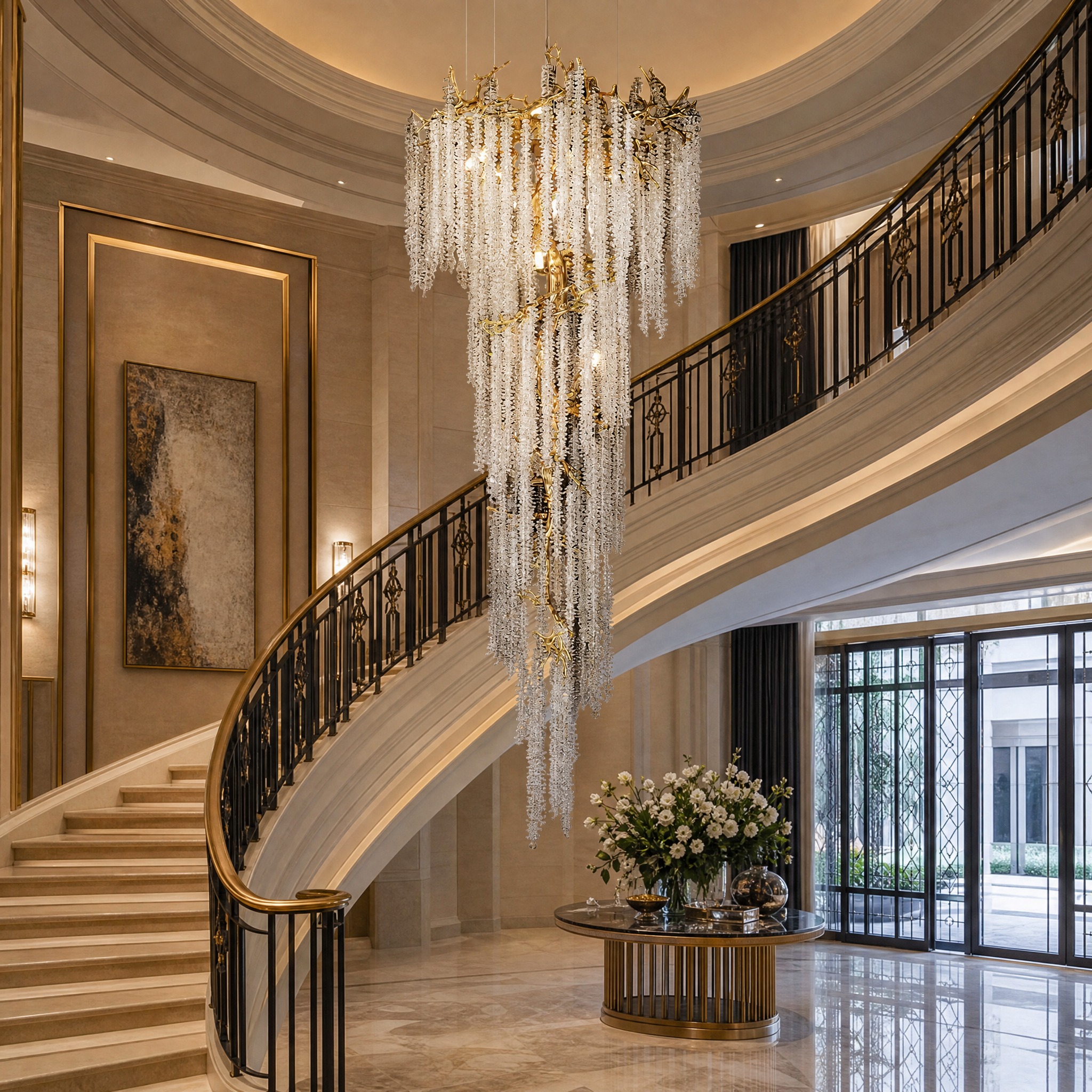 Grand hospitality lobby interior featuring the cascading Vorelli Wisteria Spiral Staircase Chandelier for a refined, high-impact visual design.