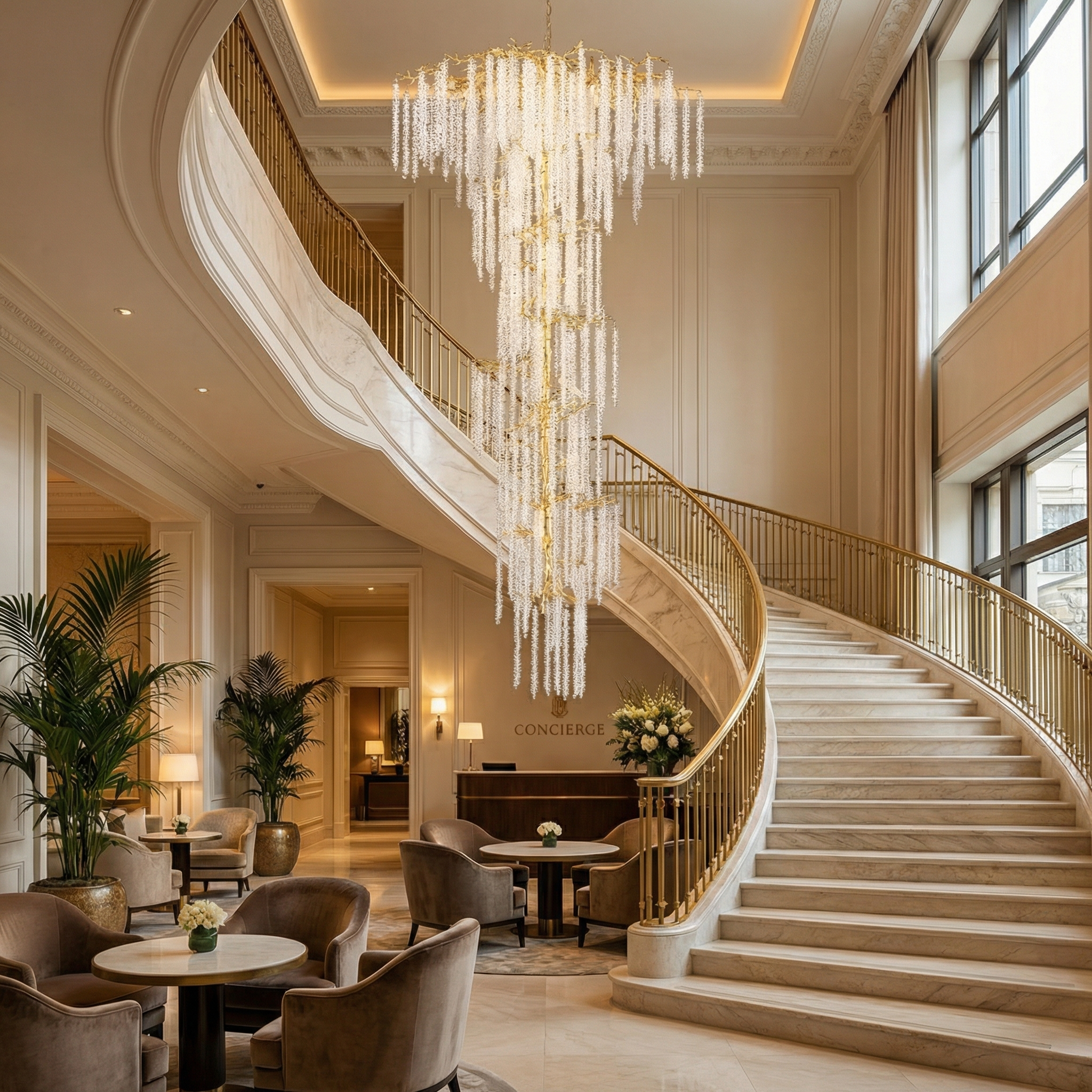 VORELLI® Wisteria spiral staircase chandelier cascading in a grand double-height luxury staircase interior with crystal strands