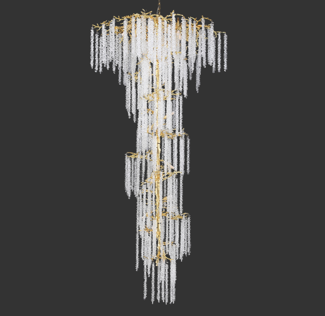 Luxury spiral staircase chandelier featuring cascading crystal strands and organic gold branches, Wisteria by VORELLI®