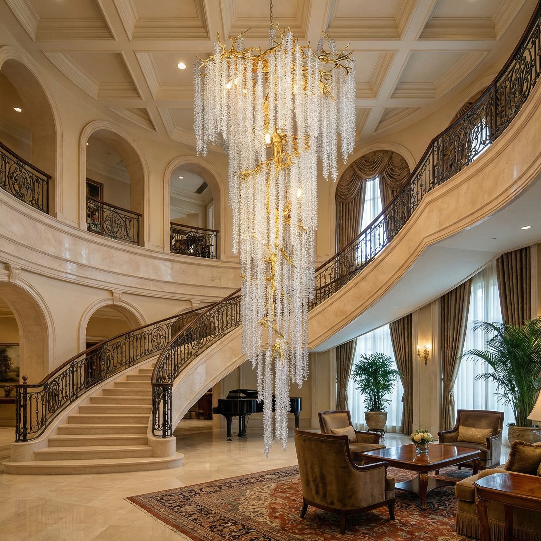 VORELLI® Wisteria spiral staircase chandelier with cascading crystal strands in a grand double-height luxury interior