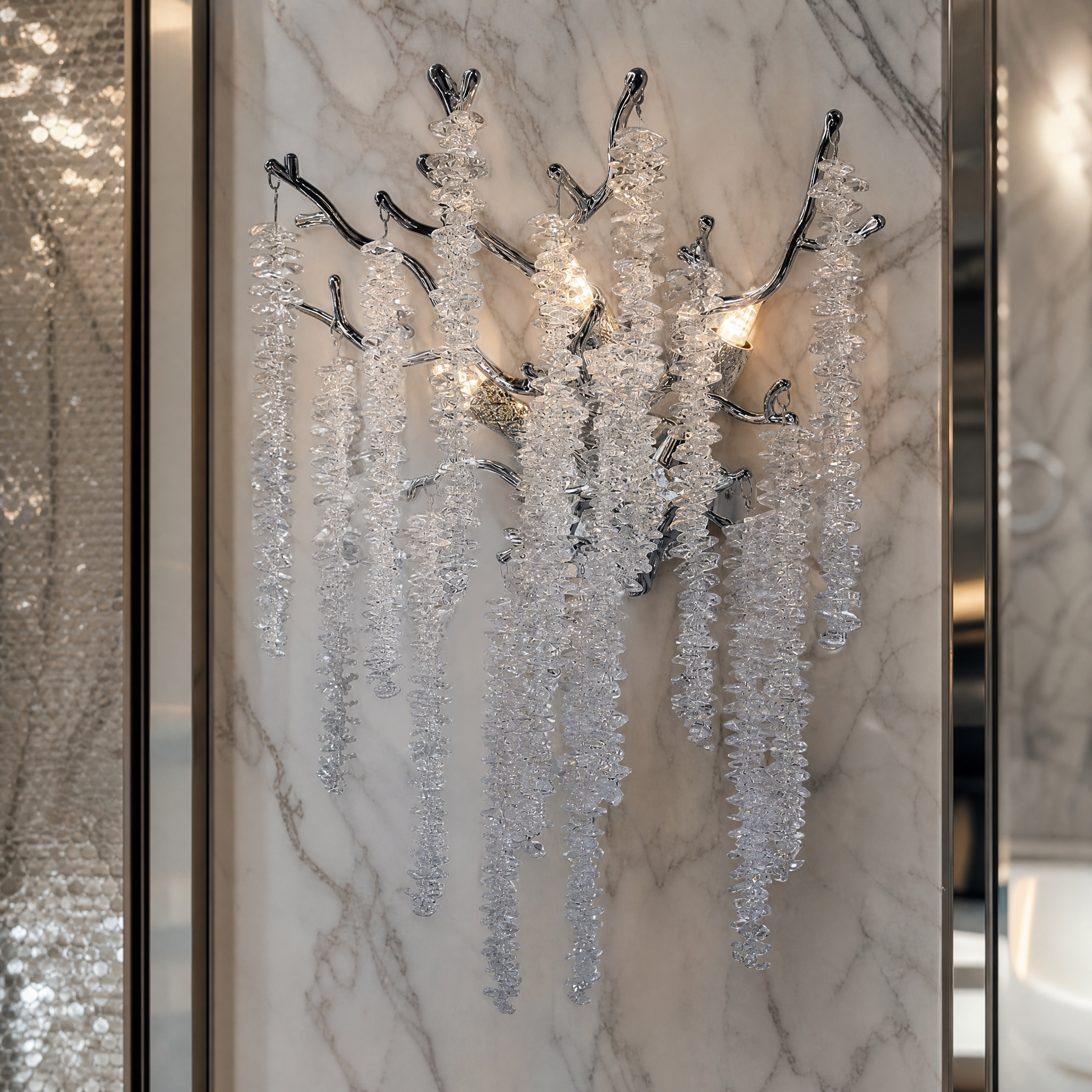 Macro closeup of the VORELLI Wisteria wall light showcasing the intricately layered crystal cascades and sculpted organic metal arms.