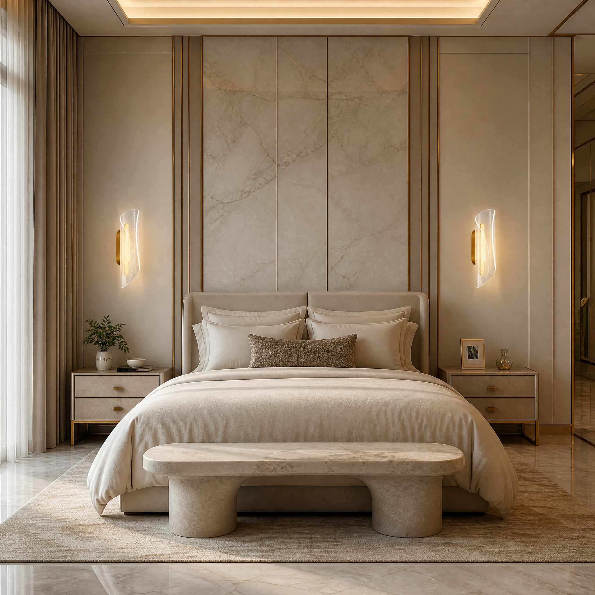 Sleek Wynyard modern LED wall light casting a warm, sophisticated glow on a contemporary residential living room wall.