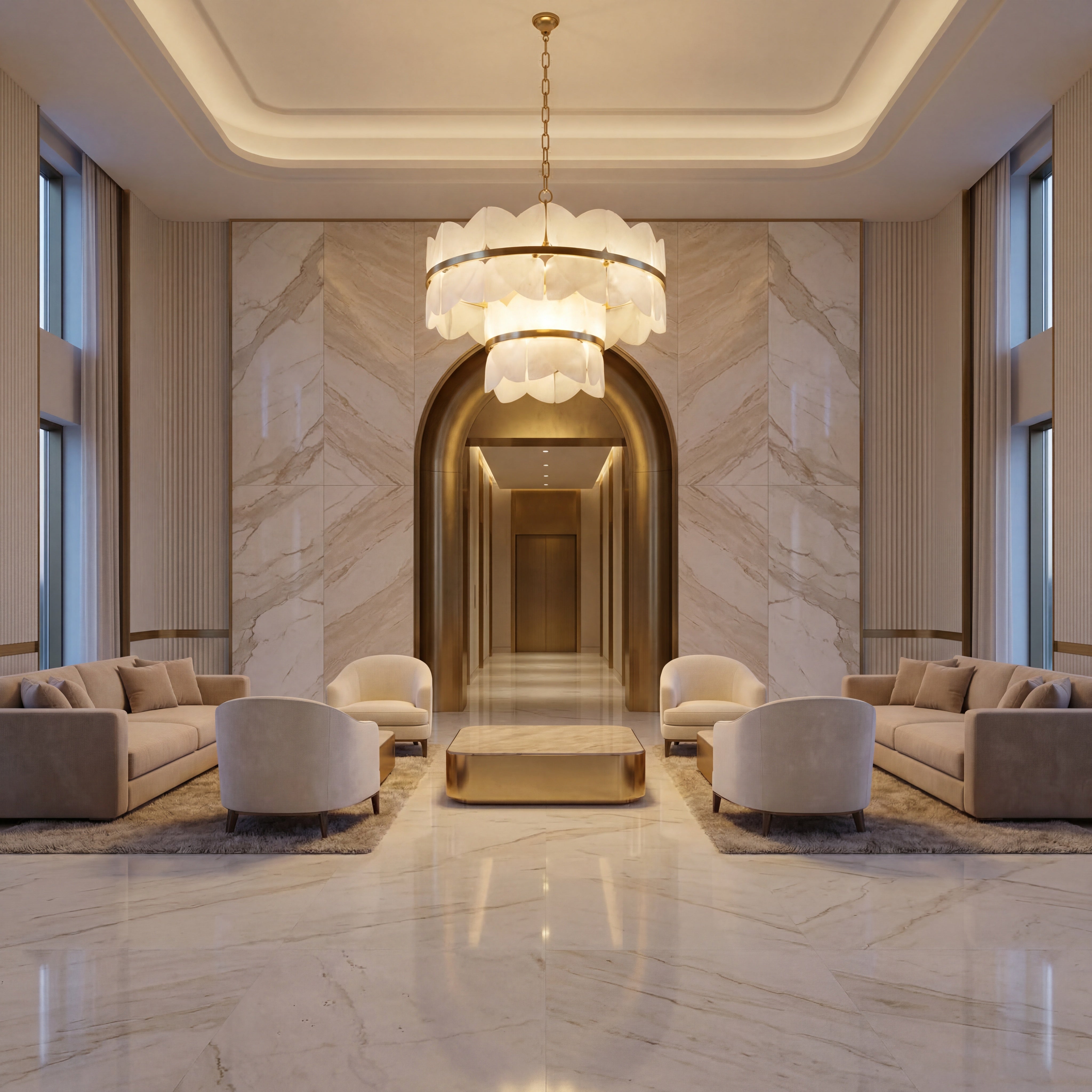 VORELLI® Xavier marble circular chandelier in luxury Dubai marble villa with warm ambient lighting and architectural design