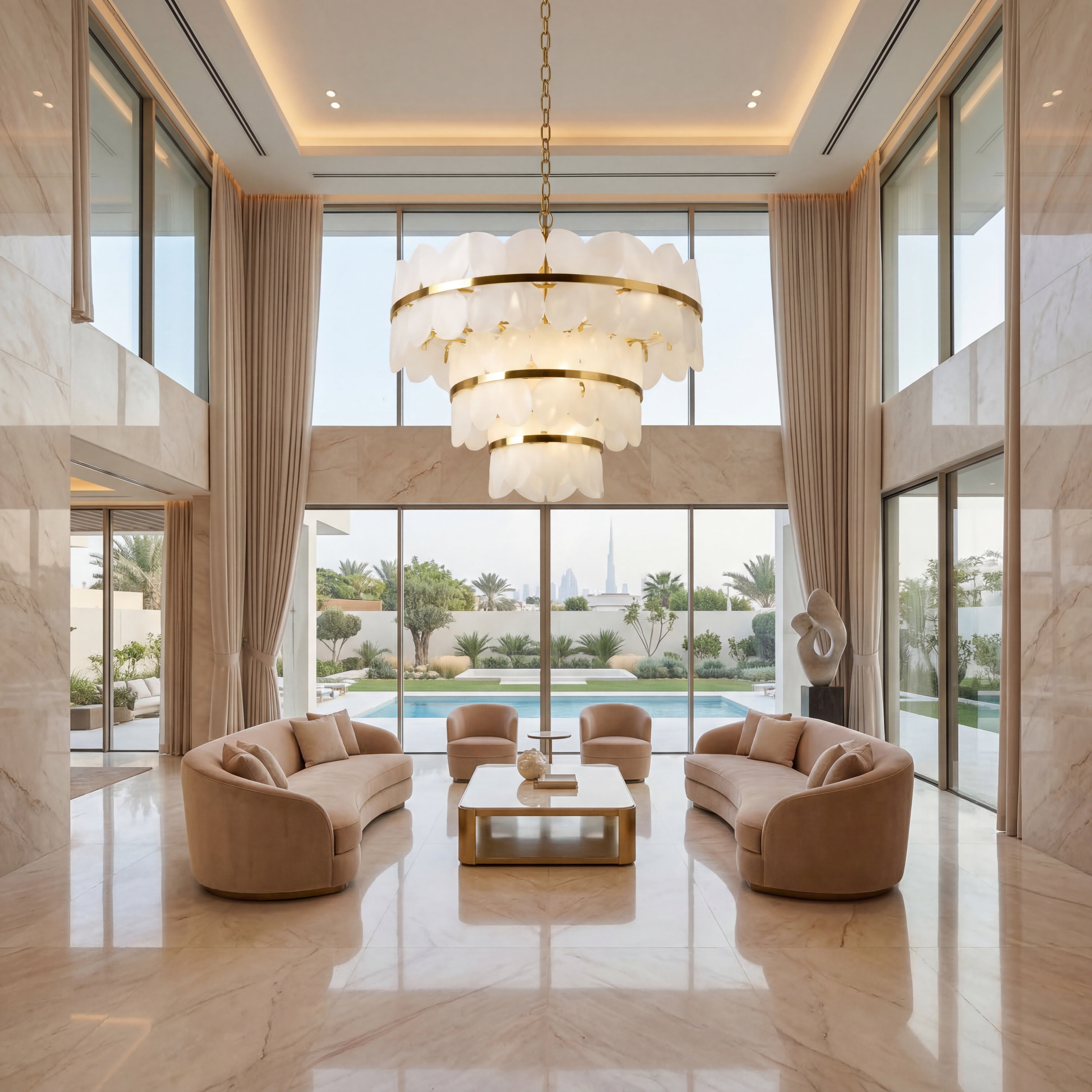 VORELLI® Xavier marble circular chandelier in luxury hotel lobby with marble interior and warm ambient lighting